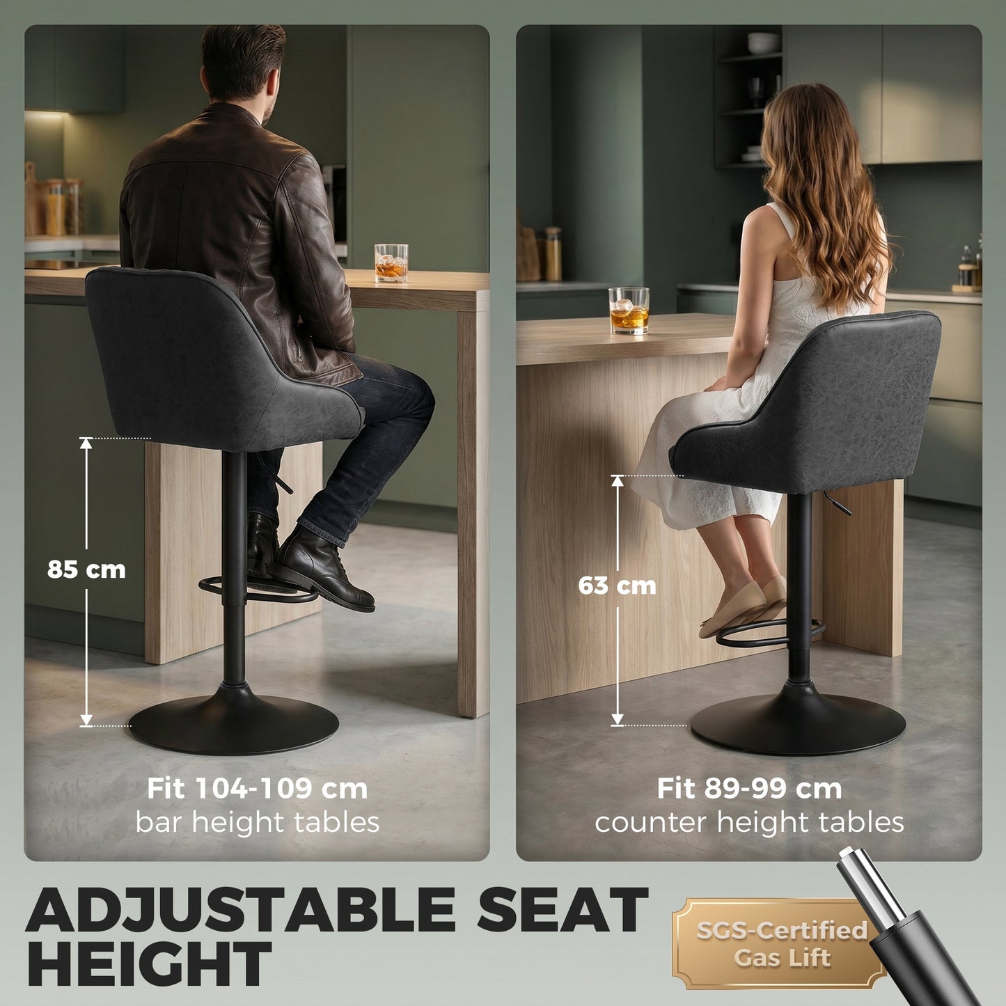 Breakfast Bar Stools Set of 2 with Wide Padded Seat, PU Leather Adjustable Swivel Bar Chairs, Modern Barstools with Footrest for Kitchen Island Counter, Home Bar, Black