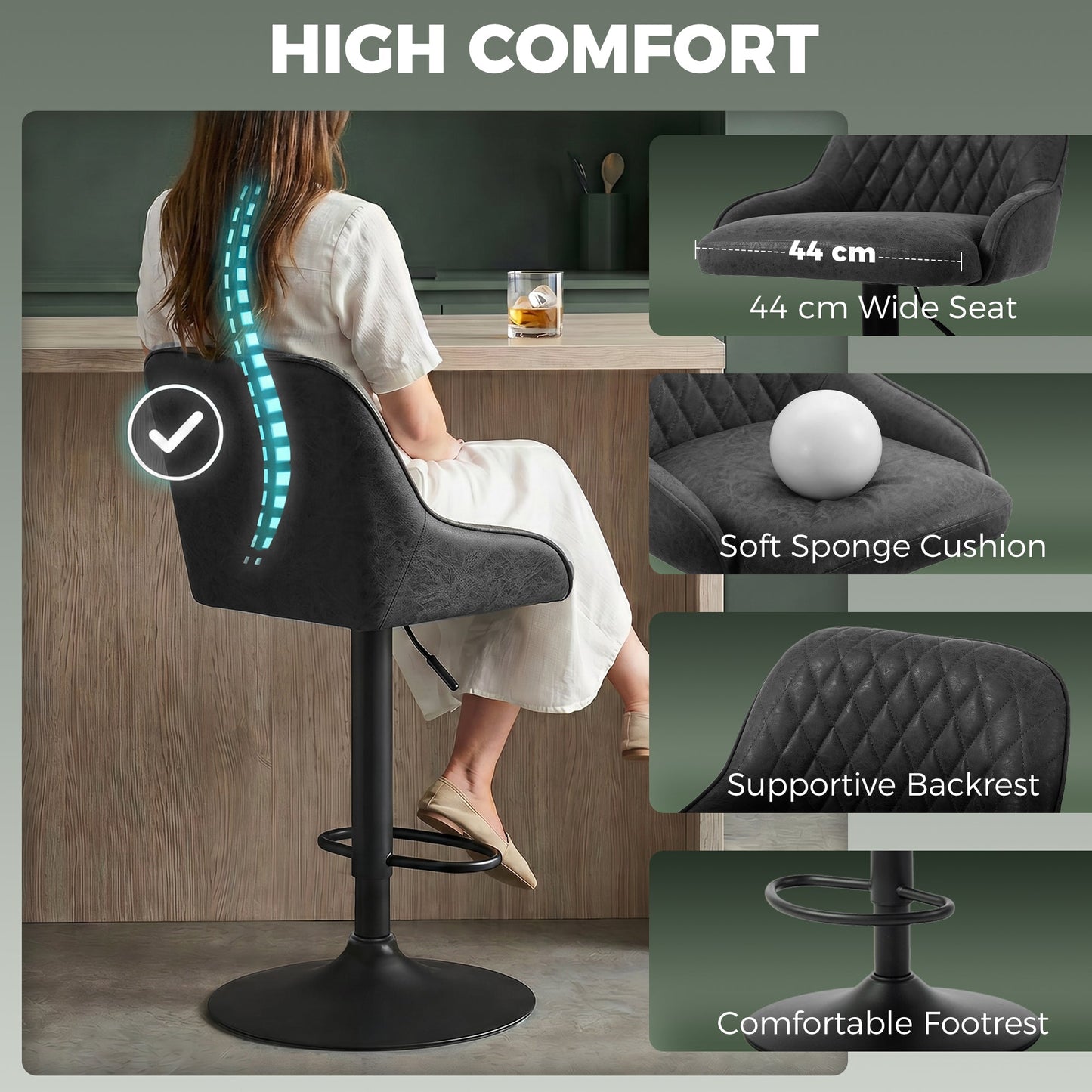 Breakfast Bar Stools Set of 2 with Wide Padded Seat, PU Leather Adjustable Swivel Bar Chairs, Modern Barstools with Footrest for Kitchen Island Counter, Home Bar, Black