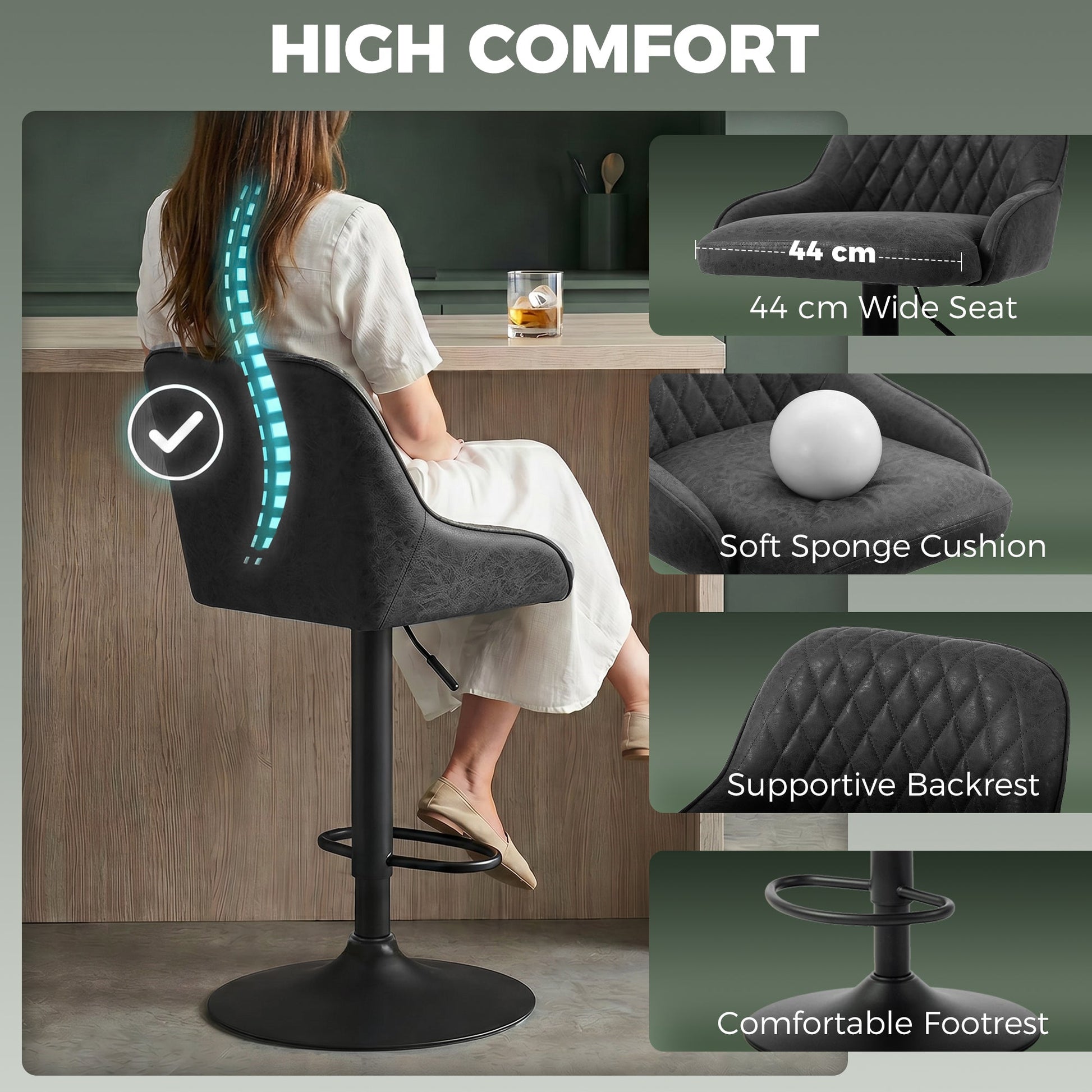 Breakfast Bar Stools Set of 2 with Wide Padded Seat, PU Leather Adjustable Swivel Bar Chairs, Modern Barstools with Footrest for Kitchen Island Counter, Home Bar, Black