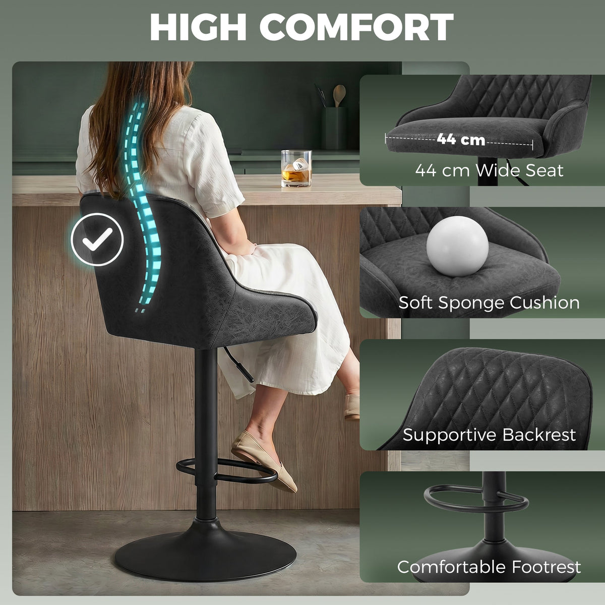 Breakfast Bar Stools Set of 2 with Wide Padded Seat, PU Leather Adjustable Swivel Bar Chairs, Modern Barstools with Footrest for Kitchen Island Counter, Home Bar, Black