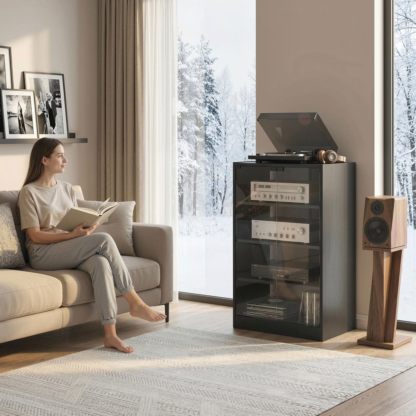 Record Player Stand with Storage, 4-Tier Hi-Fi Stand, Media Cabinet with Adjustable Shelves, Push-to-Open Glass Doors and Cable Management for Music Room and Living Room, Black Wood-Effect