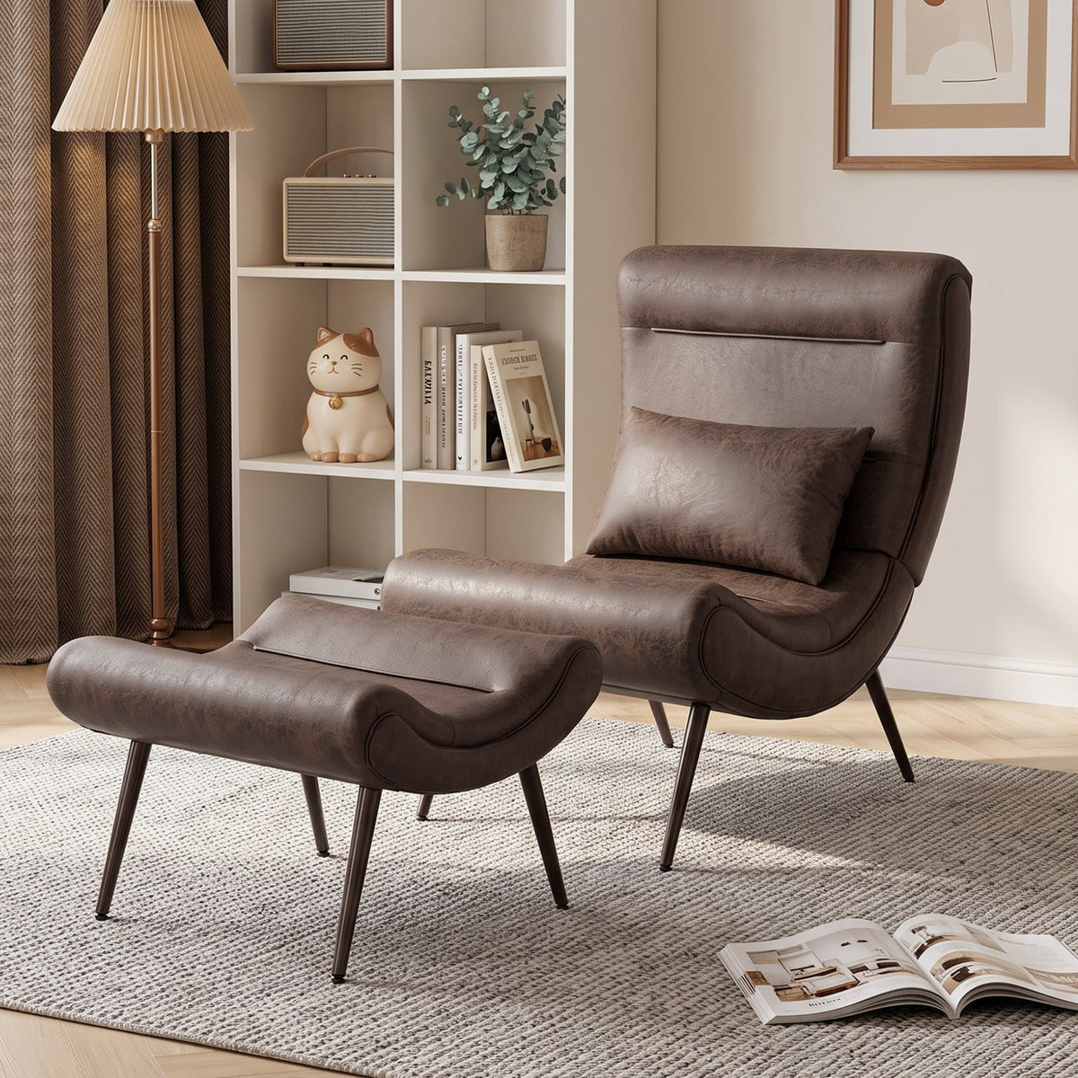 Modern Accent Chair with Footstool, Upholstered Lounge Chair with 64cm Wide Seat, Lumbar Pillow, Trapezoidal Backrest, Wood-Effect Steel Legs, Reading Seat for Living Room, Study, Dark Brown