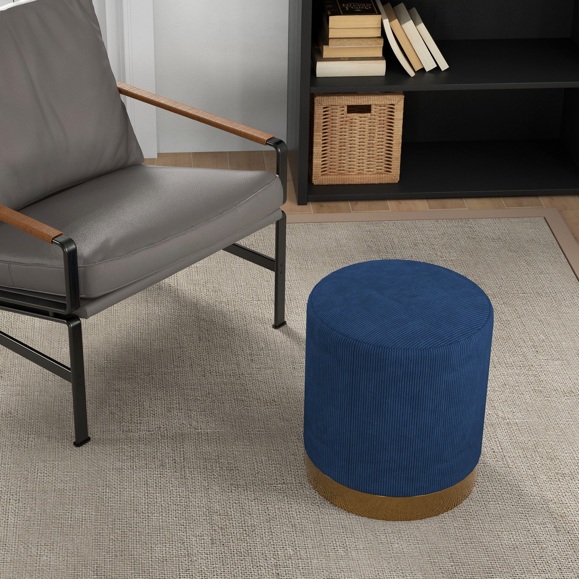 HOMCOM Modern Round Footstool, Corduroy Fabric Upholstered Foot Stool with Padded Seat for Living Room, Entryway, Dark Blue