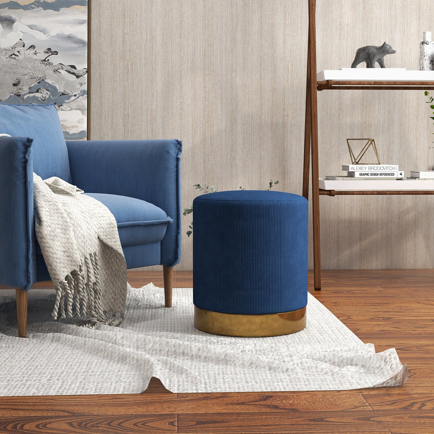 HOMCOM Modern Round Footstool, Corduroy Fabric Upholstered Foot Stool with Padded Seat for Living Room, Entryway, Dark Blue