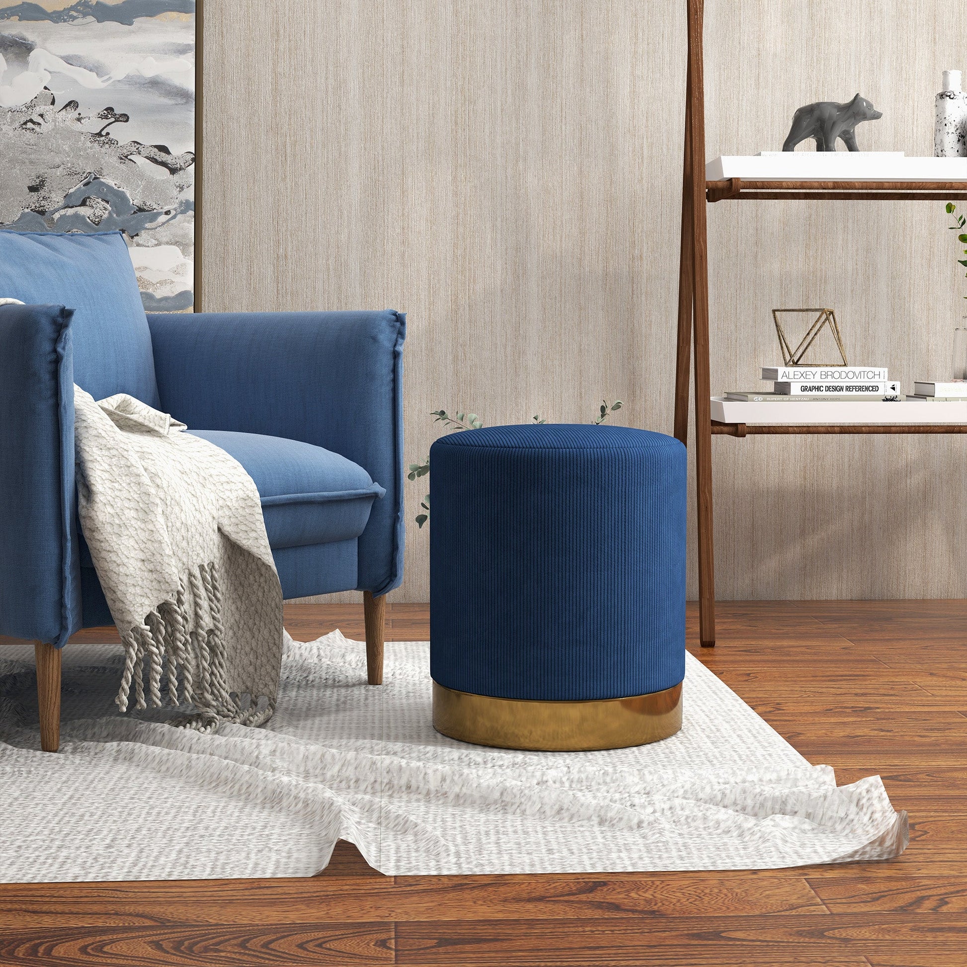 HOMCOM Modern Round Footstool, Corduroy Fabric Upholstered Foot Stool with Padded Seat for Living Room, Entryway, Dark Blue
