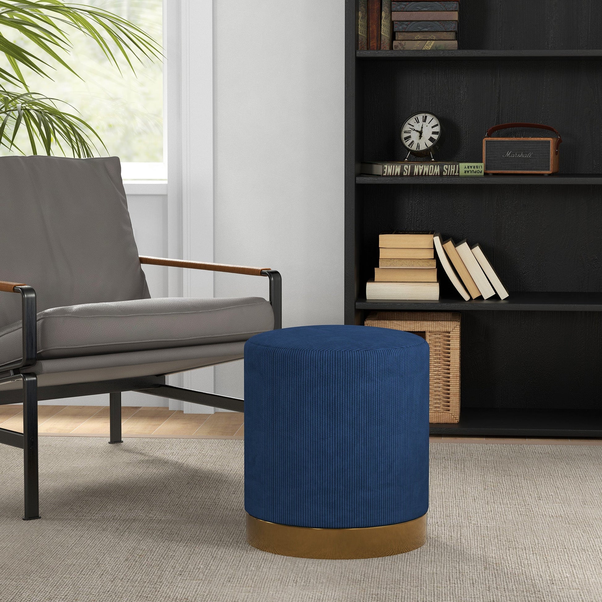 HOMCOM Modern Round Footstool, Corduroy Fabric Upholstered Foot Stool with Padded Seat for Living Room, Entryway, Dark Blue