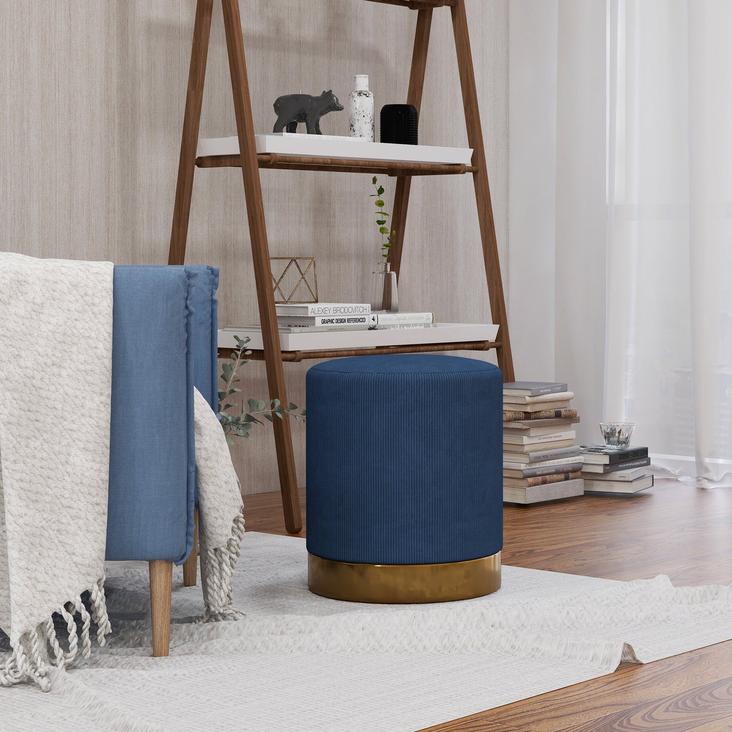 HOMCOM Modern Round Footstool, Corduroy Fabric Upholstered Foot Stool with Padded Seat for Living Room, Entryway, Dark Blue