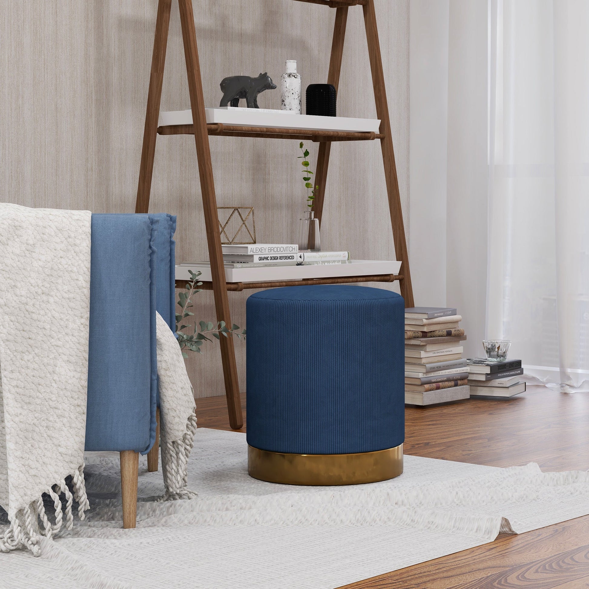 HOMCOM Modern Round Footstool, Corduroy Fabric Upholstered Foot Stool with Padded Seat for Living Room, Entryway, Dark Blue