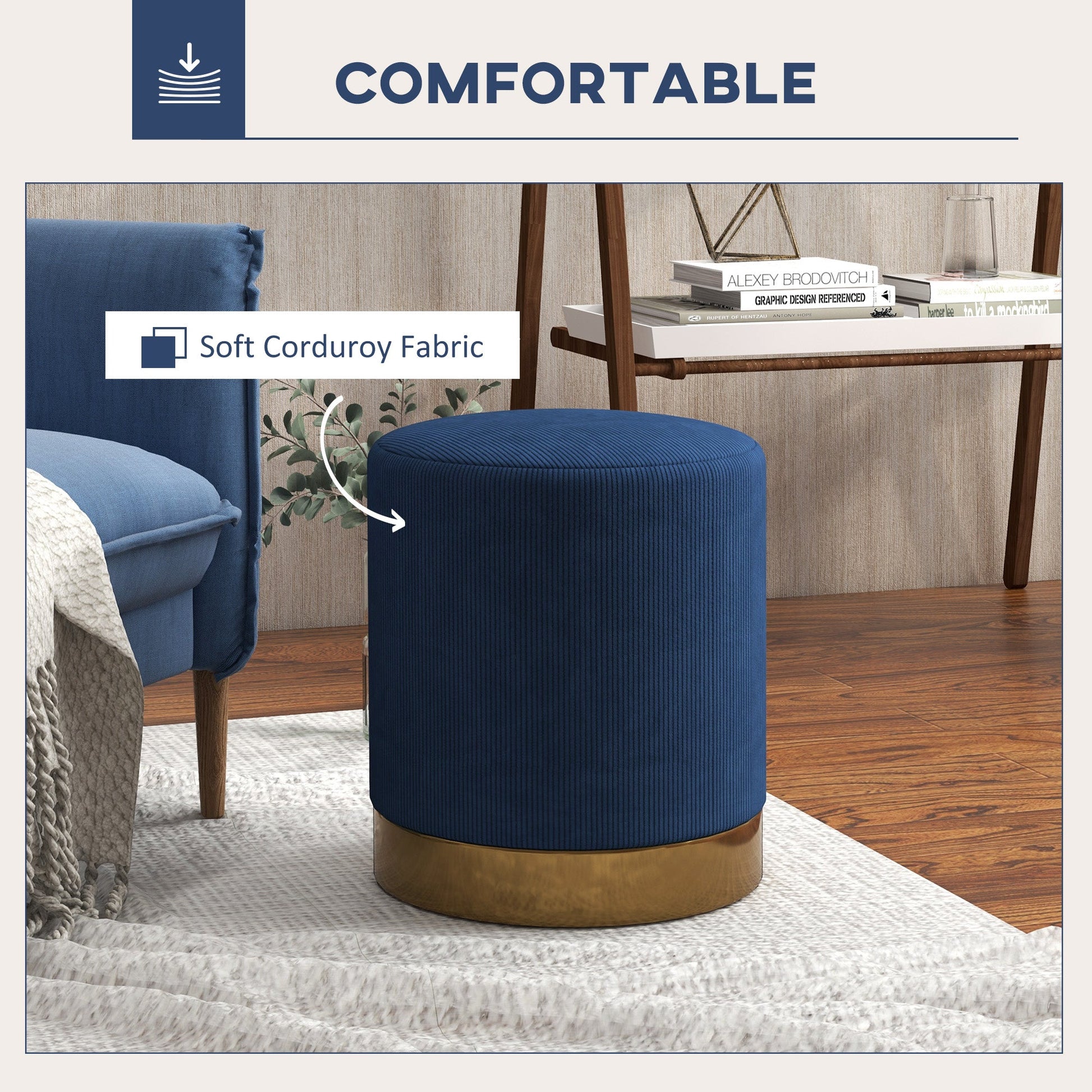 HOMCOM Modern Round Footstool, Corduroy Fabric Upholstered Foot Stool with Padded Seat for Living Room, Entryway, Dark Blue
