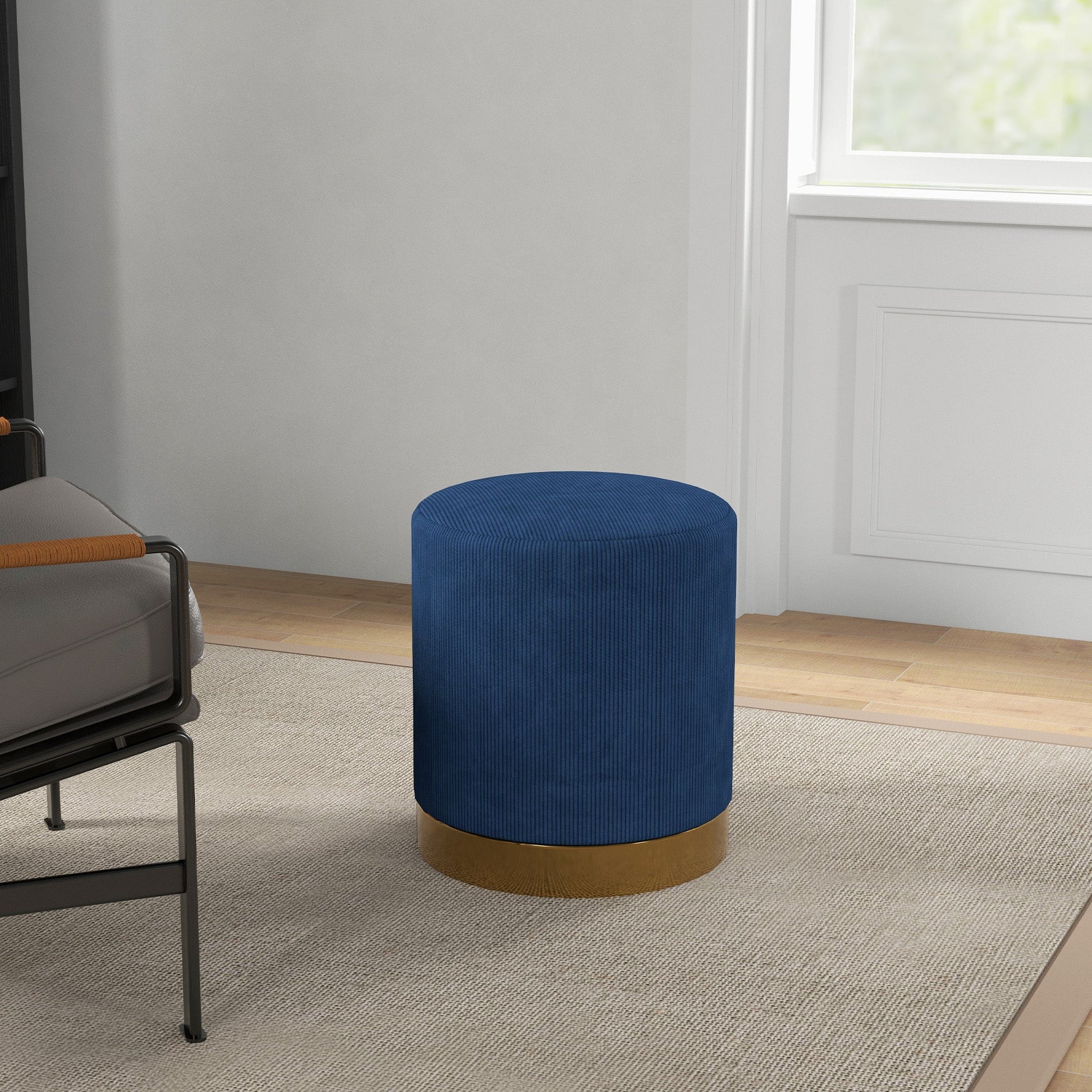 HOMCOM Modern Round Footstool, Corduroy Fabric Upholstered Foot Stool with Padded Seat for Living Room, Entryway, Dark Blue