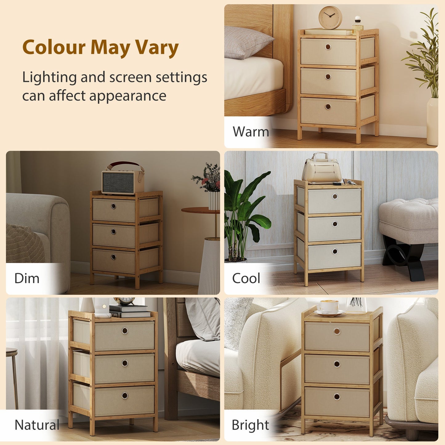 Chest of Drawers, 3 Fabric Drawers Dresser with Bamboo Frame, Narrow Storage Unit for Small Spaces, Bedroom, Living Room, Hallway, Cream White