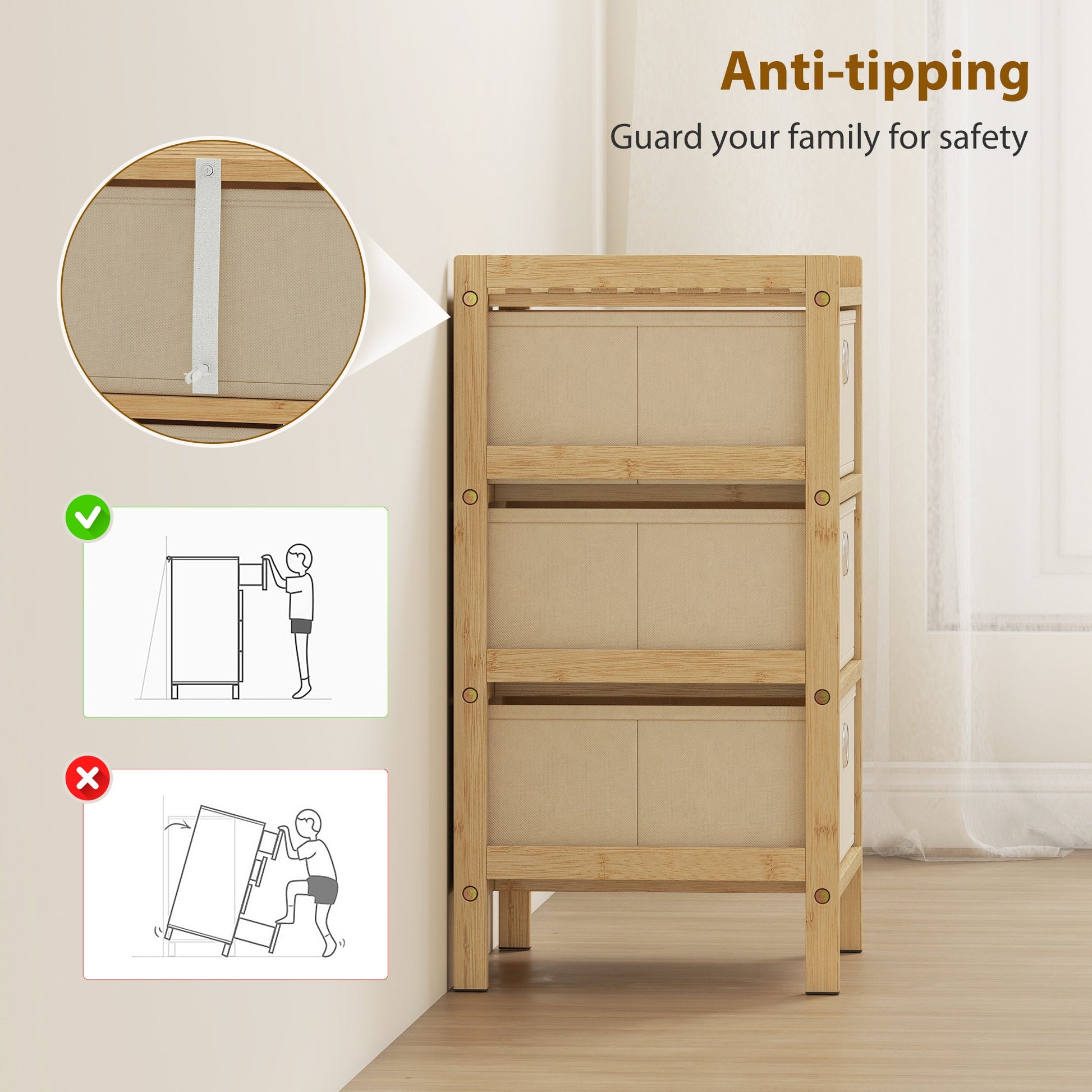 Chest of Drawers, 3 Fabric Drawers Dresser with Bamboo Frame, Narrow Storage Unit for Small Spaces, Bedroom, Living Room, Hallway, Cream White