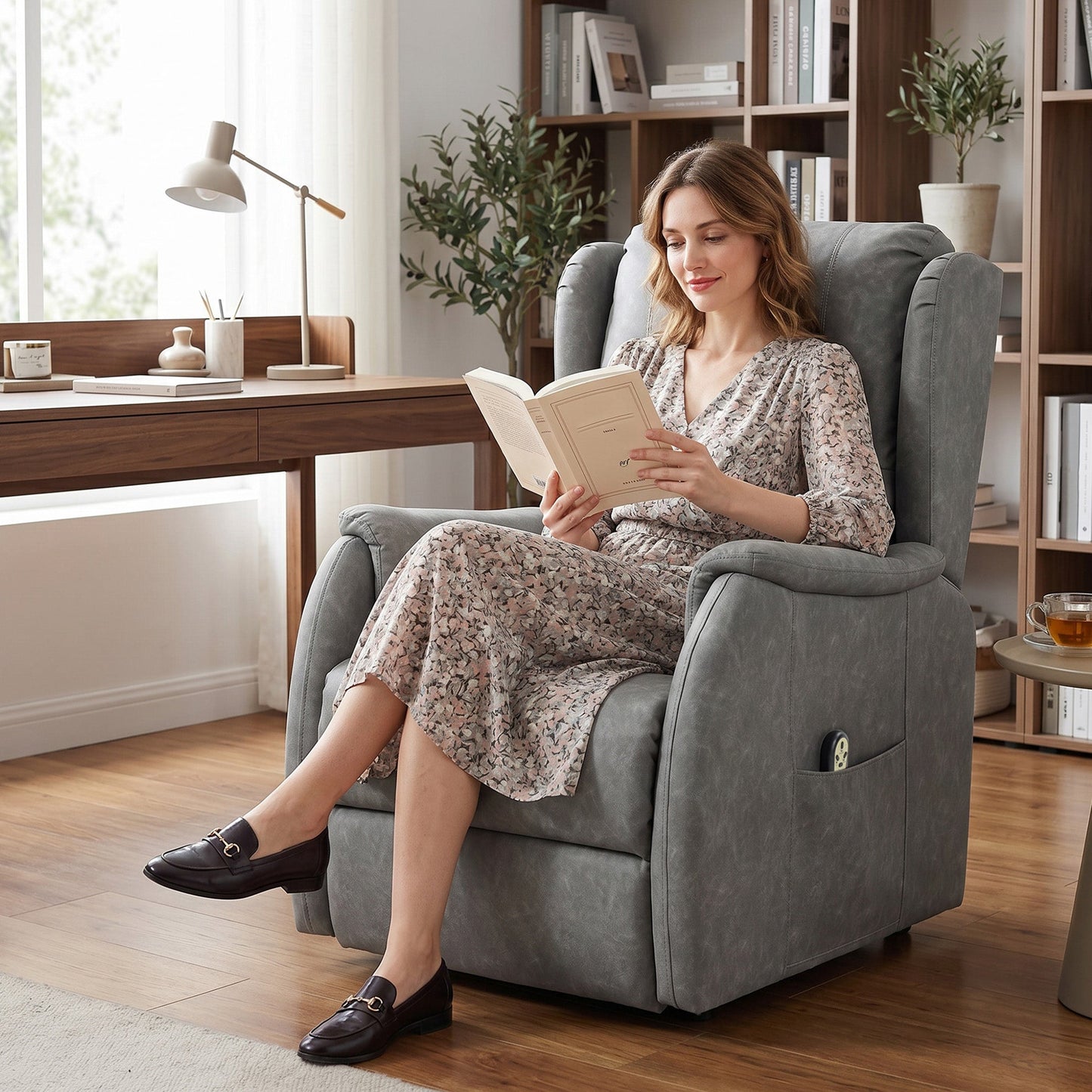Dual Motor Power Lift Recliner Chair, Electric Lift Chair for Elderly, Faux Leather Riser and Reclining Armchair with Remote Control, Side Pockets, for Living Room, Grey