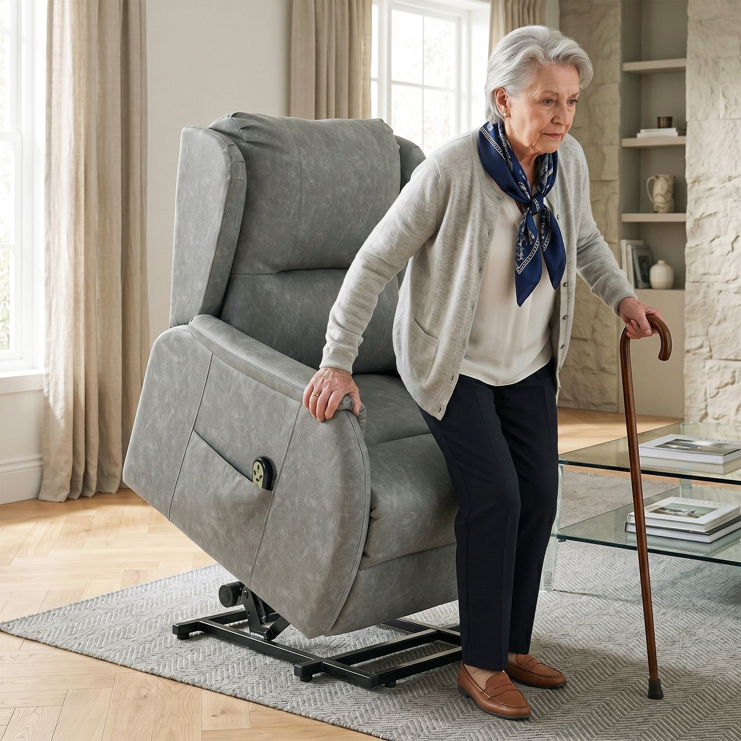 Dual Motor Power Lift Recliner Chair, Electric Lift Chair for Elderly, Faux Leather Riser and Reclining Armchair with Remote Control, Side Pockets, for Living Room, Grey