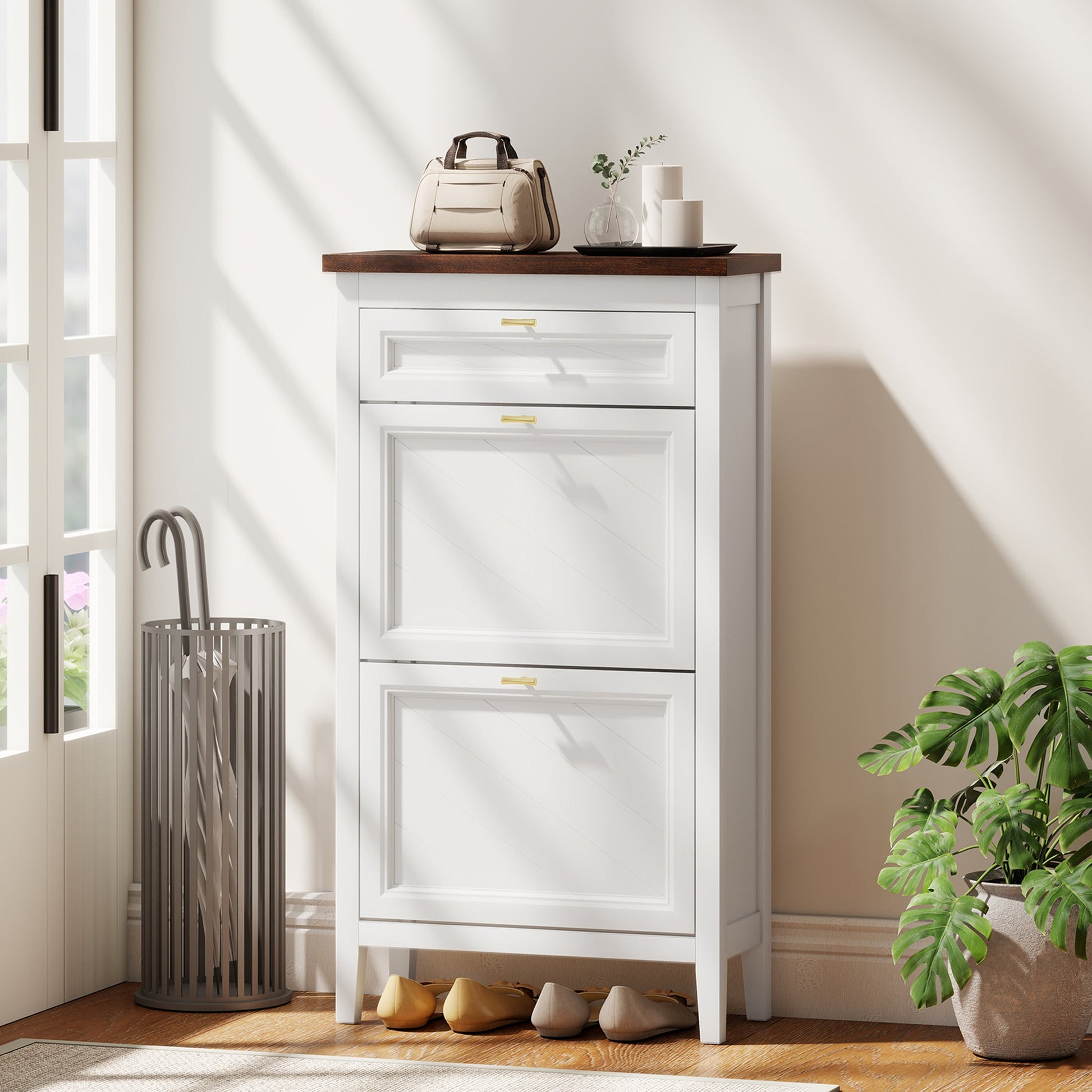Shoe Cabinet with 2 Flip Drawers, Farmhouse Narrow Shoe Storage Cabinet with Adjustable Shelves, Storage Drawer, Freestanding for Entryway, Hallway, Living Room, Holds 8-12 Pairs, White