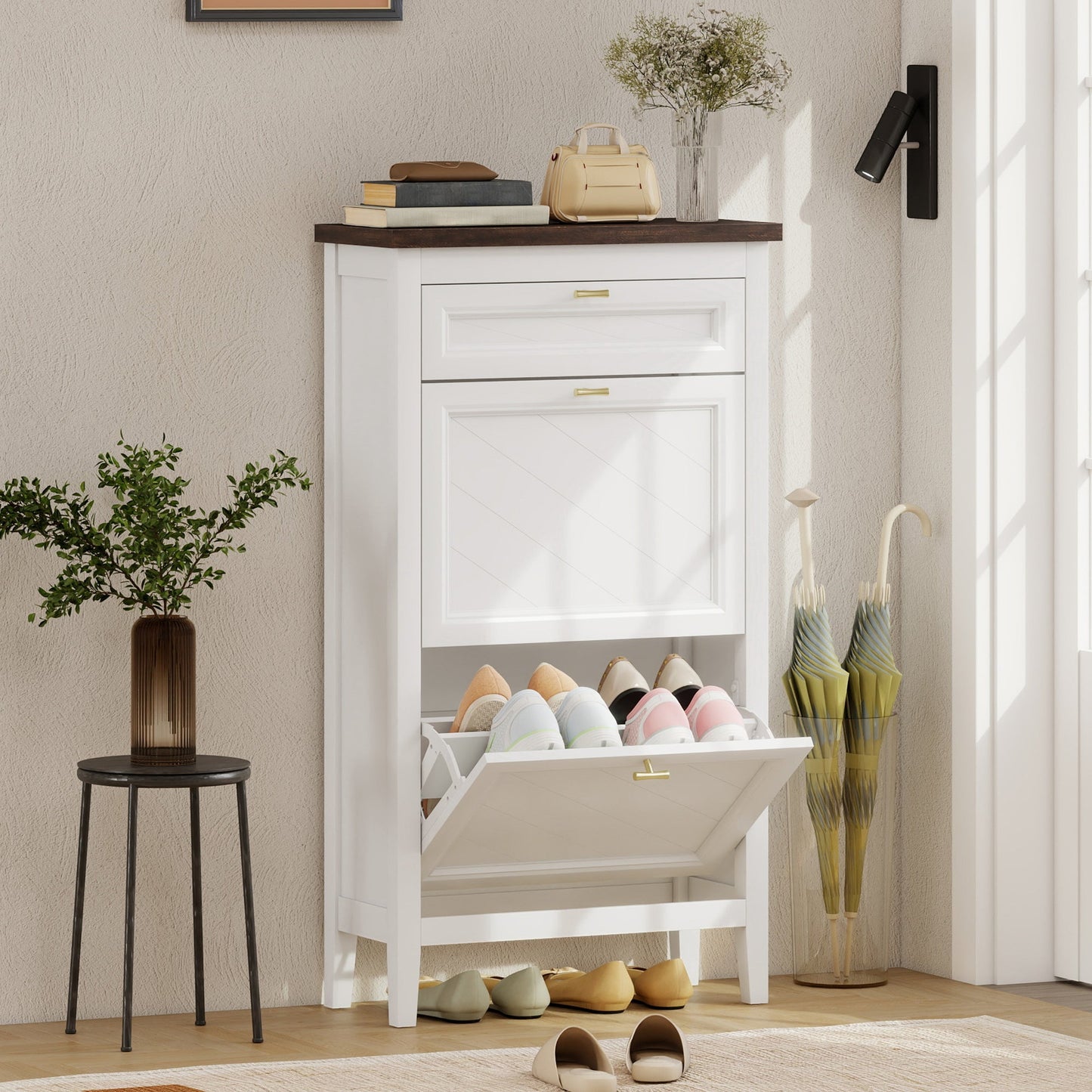 Shoe Cabinet with 2 Flip Drawers, Farmhouse Narrow Shoe Storage Cabinet with Adjustable Shelves, Storage Drawer, Freestanding for Entryway, Hallway, Living Room, Holds 8-12 Pairs, White