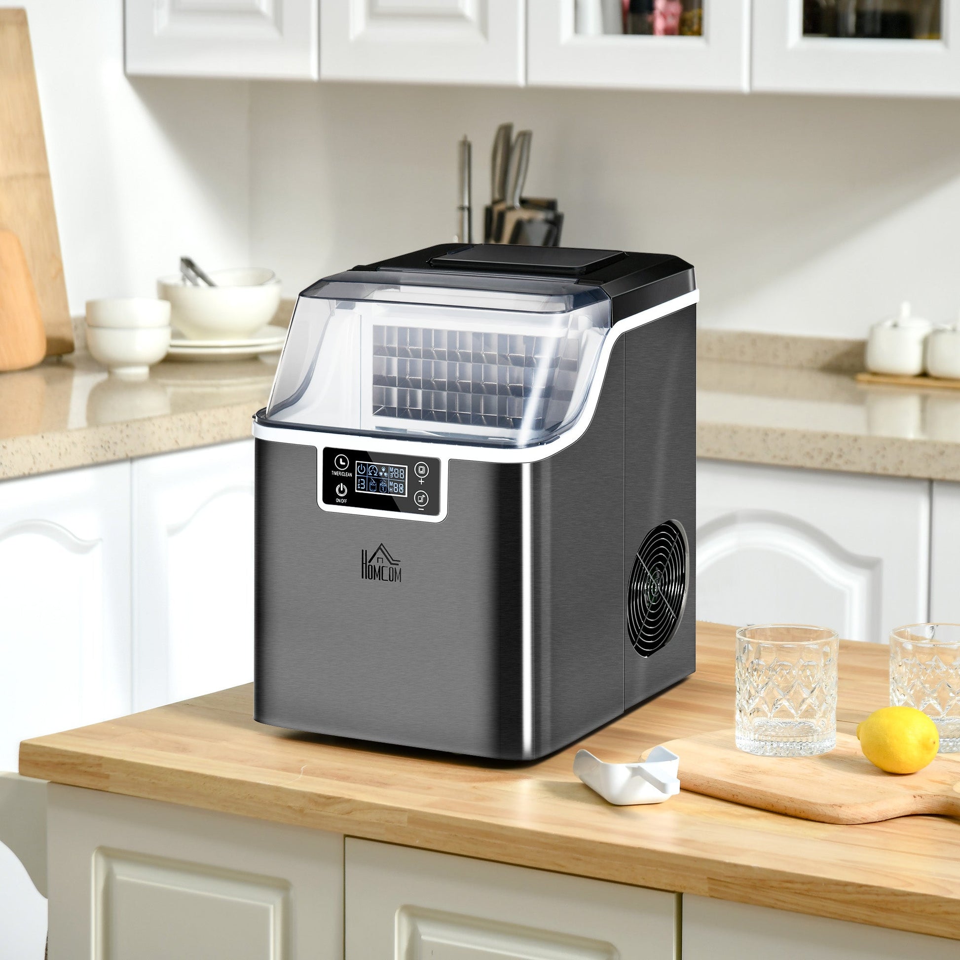 HOMCOM Ice Maker Machine Countertop, Stainless Steel Portable Ice Cube Maker, 2 Ways to Add Water, 24kg/Day, 24 Pcs Ready in 14 Mins, Self-Cleaning with Scoop & Basket, 3.2L, for Home Office, Black