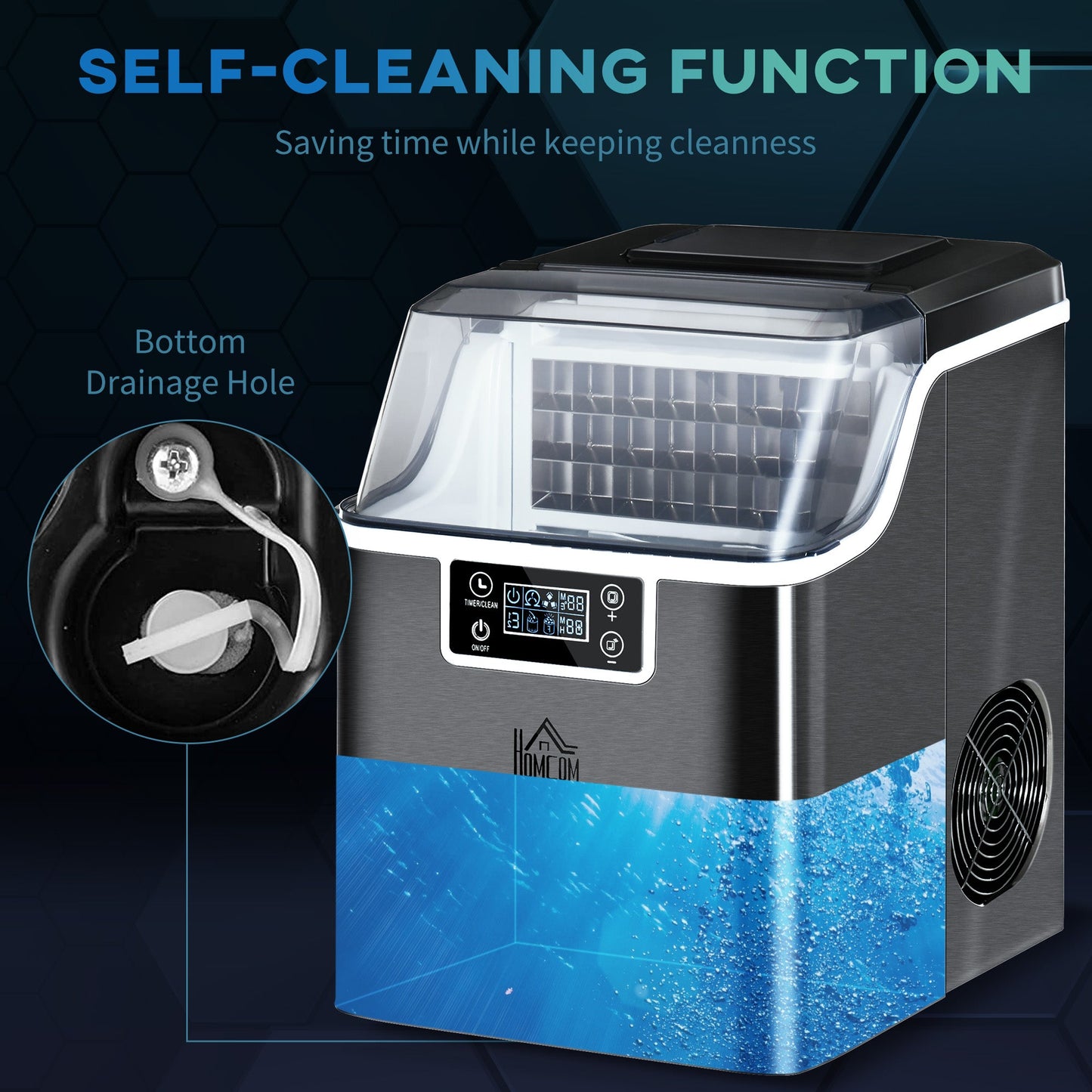 HOMCOM Ice Maker Machine Countertop, Stainless Steel Portable Ice Cube Maker, 2 Ways to Add Water, 24kg/Day, 24 Pcs Ready in 14 Mins, Self-Cleaning with Scoop & Basket, 3.2L, for Home Office, Black