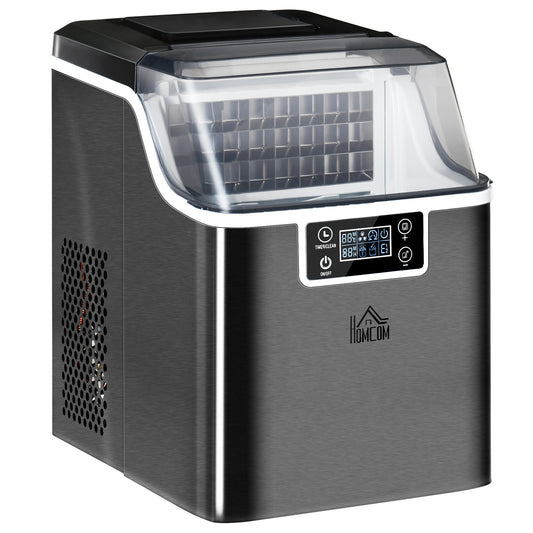 HOMCOM Ice Maker Machine Countertop, Stainless Steel Portable Ice Cube Maker, 2 Ways to Add Water, 24kg/Day, 24 Pcs Ready in 14 Mins, Self-Cleaning with Scoop & Basket, 3.2L, for Home Office, Black
