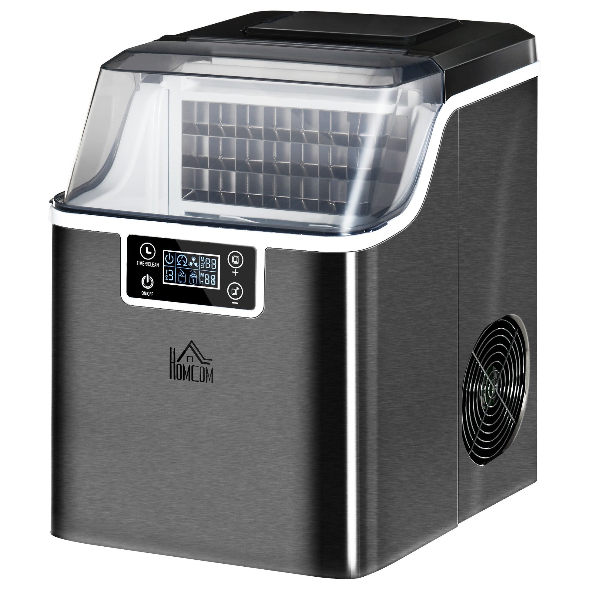 HOMCOM Ice Maker Machine Countertop, Stainless Steel Portable Ice Cube Maker, 2 Ways to Add Water, 24kg/Day, 24 Pcs Ready in 14 Mins, Self-Cleaning with Scoop & Basket, 3.2L, for Home Office, Black