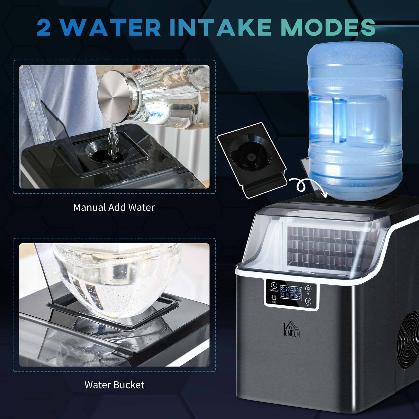 HOMCOM Ice Maker Machine Countertop, Stainless Steel Portable Ice Cube Maker, 2 Ways to Add Water, 24kg/Day, 24 Pcs Ready in 14 Mins, Self-Cleaning with Scoop & Basket, 3.2L, for Home Office, Black