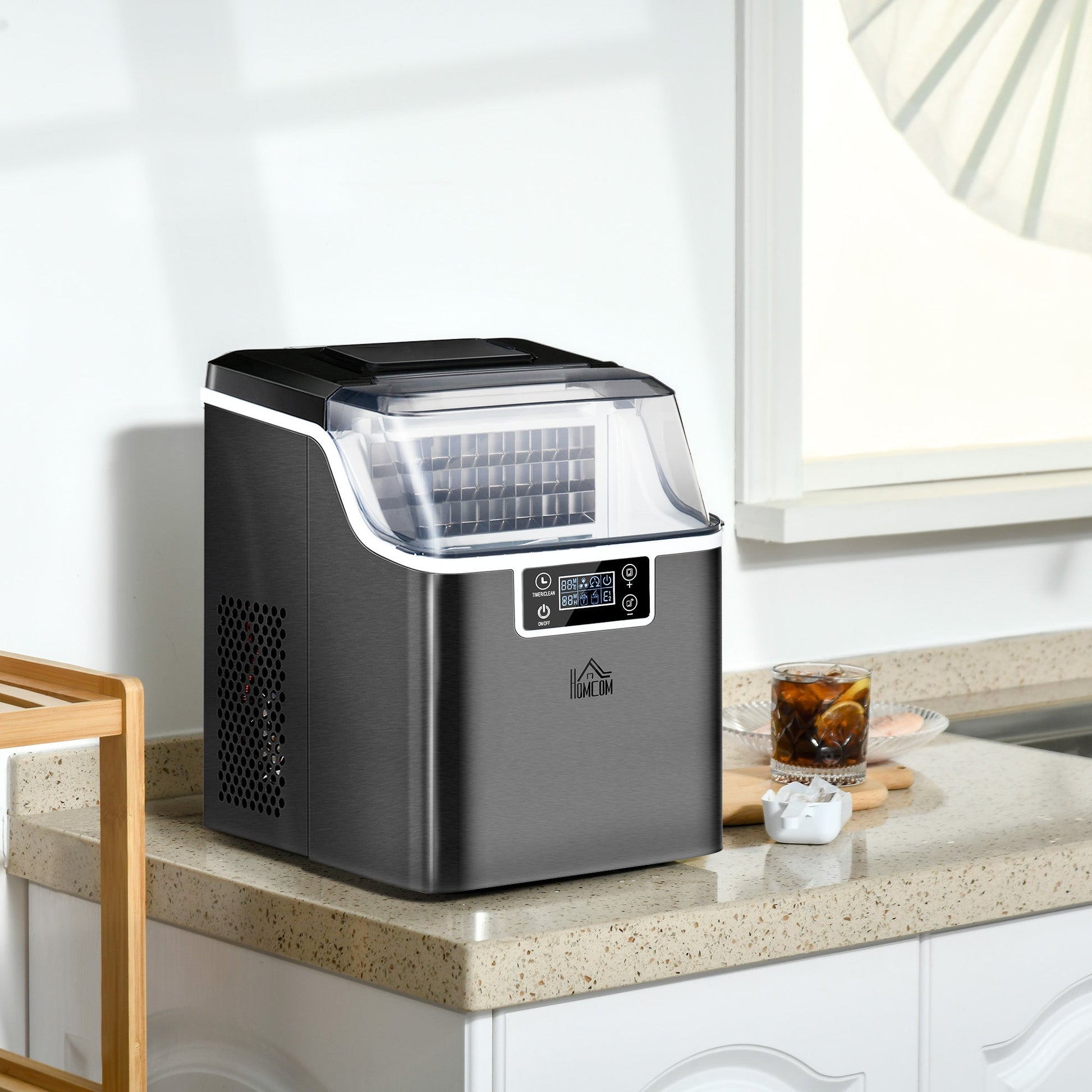 HOMCOM Ice Maker Machine Countertop, Stainless Steel Portable Ice Cube Maker, 2 Ways to Add Water, 24kg/Day, 24 Pcs Ready in 14 Mins, Self-Cleaning with Scoop & Basket, 3.2L, for Home Office, Black