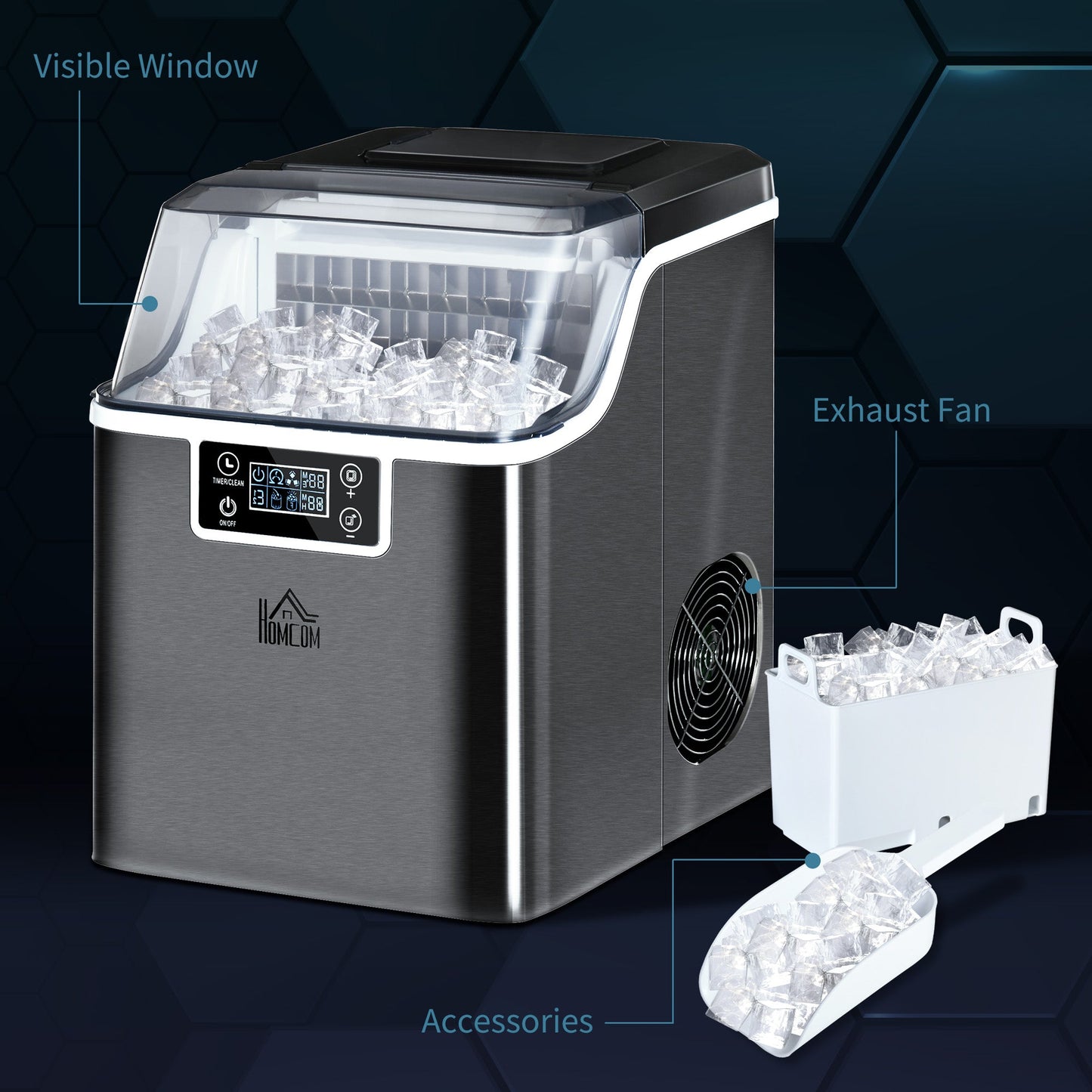 HOMCOM Ice Maker Machine Countertop, Stainless Steel Portable Ice Cube Maker, 2 Ways to Add Water, 24kg/Day, 24 Pcs Ready in 14 Mins, Self-Cleaning with Scoop & Basket, 3.2L, for Home Office, Black