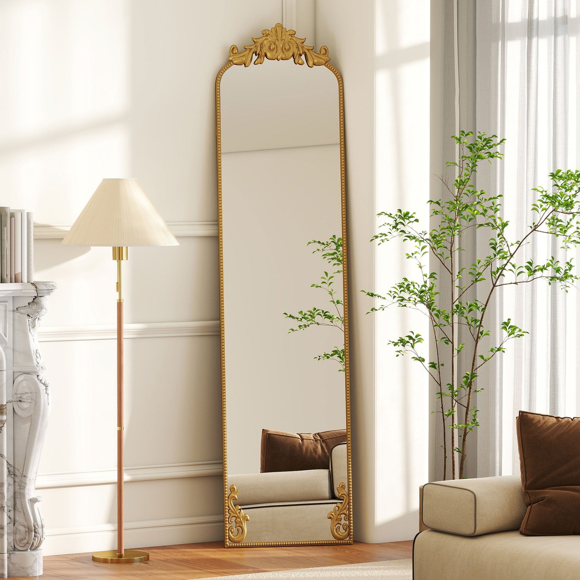 Full Length Mirror, 50 x 160 cm Hanging or Leaning Against Wall Floor Mirror with Baroque Metal Frame for Bedroom, Living Room, Dressing Room, Gold Tone
