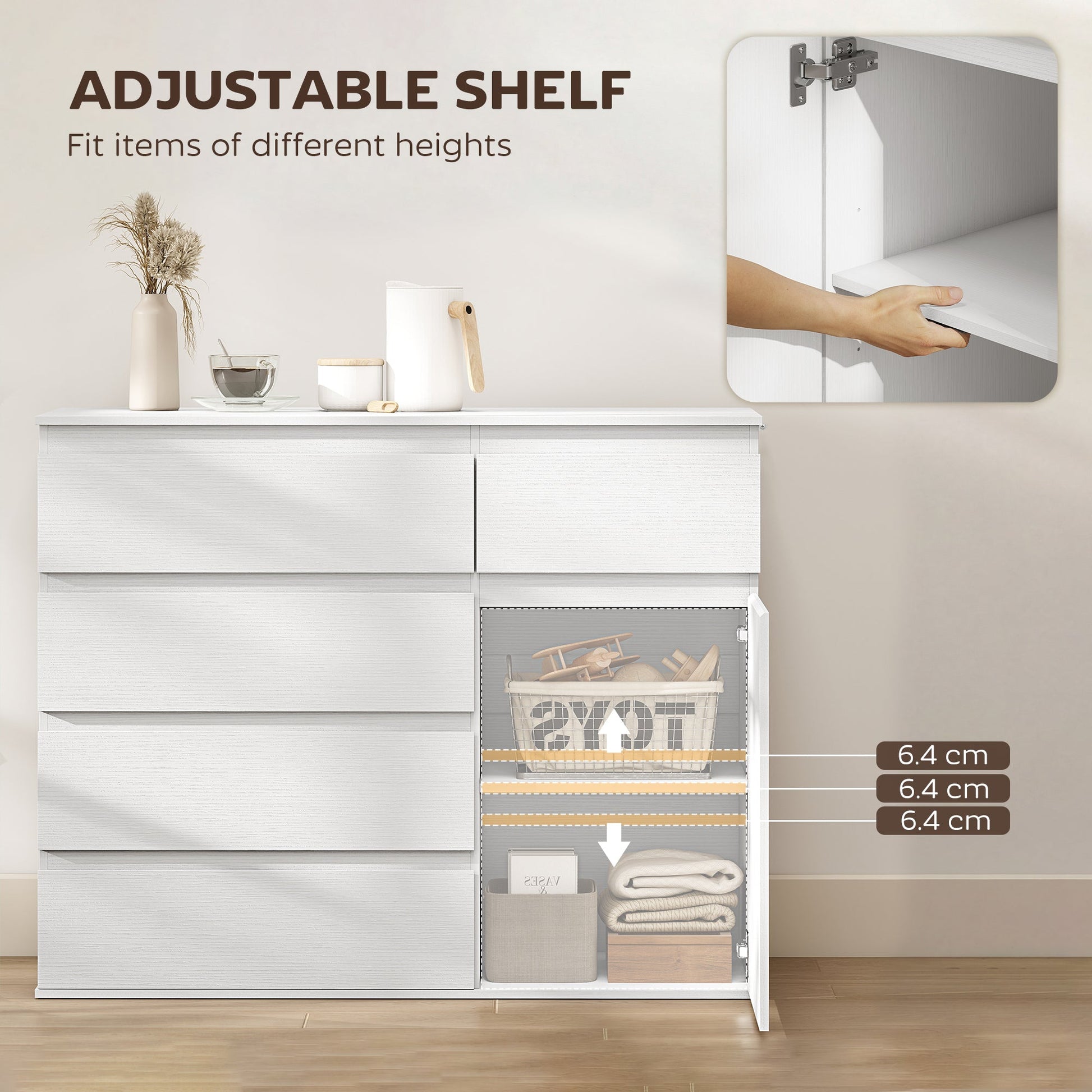 Modern Sideboard, Sideboard Storage Cabinet with 5 Drawers, Adjustable Shelf, Soft-Close Door, Storage Cupboard for Dining Room, Kitchen, Living Room, White