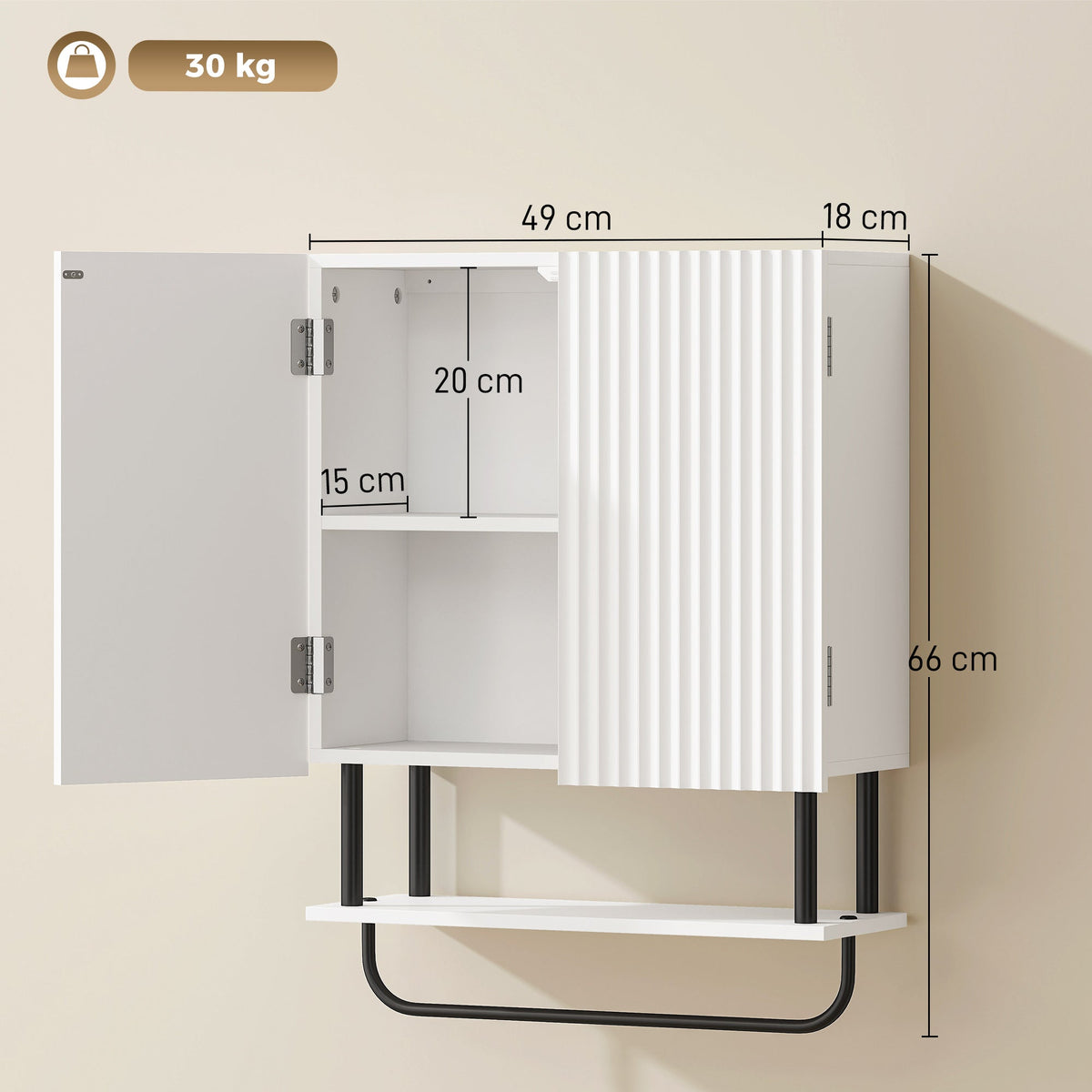 Bathroom Wall Cabinet with 2 Wavy Doors, Modern Bathroom Cabinet Wall Mounted Over Toilet with Hidden Storage and Open shelf, Towel Bar, Space Saving, White
