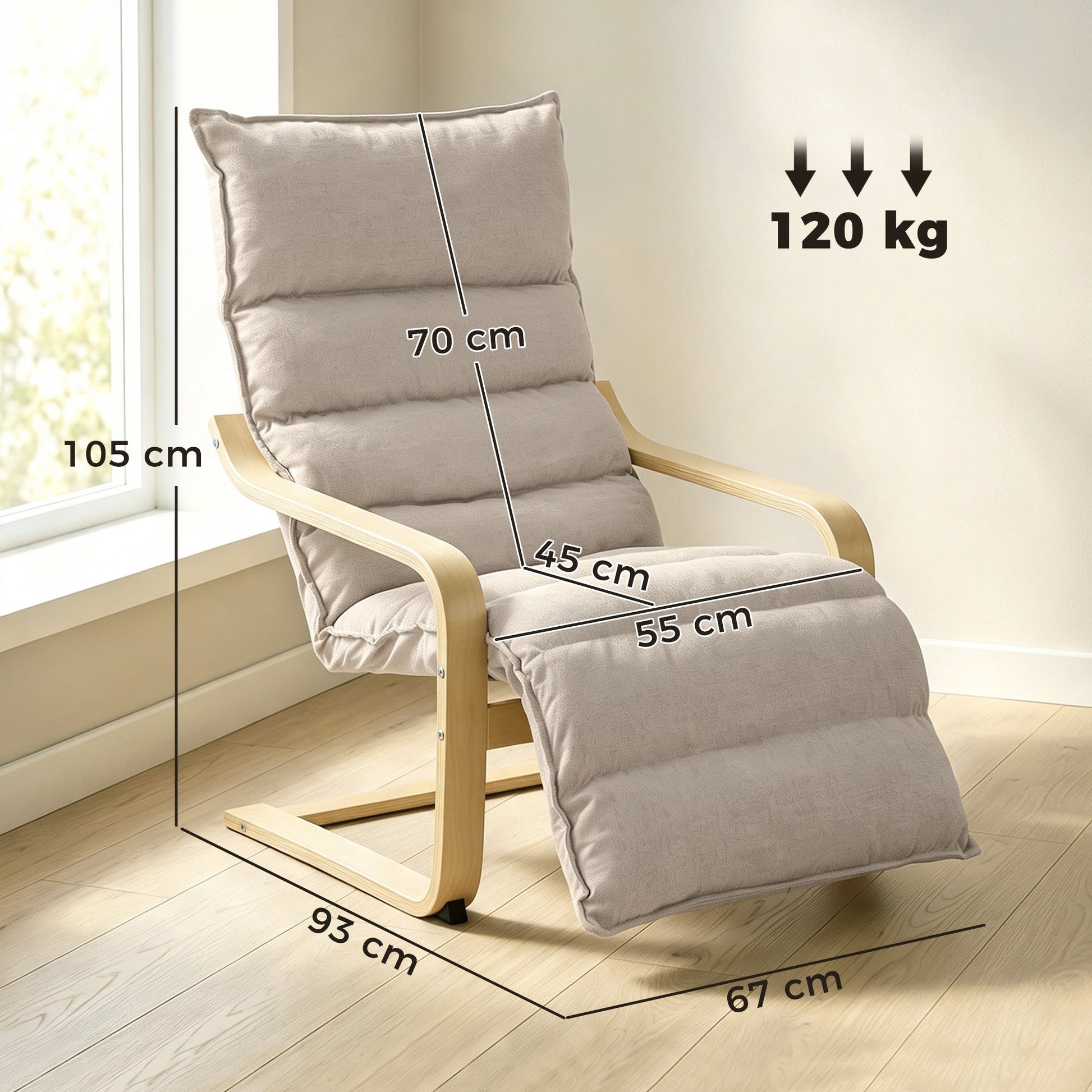 Armchair with Adjustable Footrest, Velvet Upholstered Accent Chair, Modern Poang Chair for Living Room, Bedroom, Balcony, Office, Light Brown