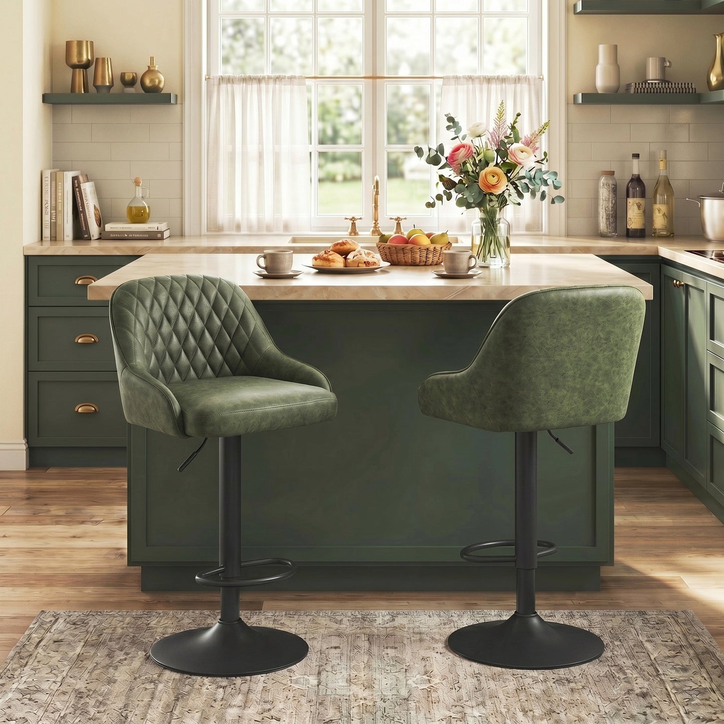 Breakfast Bar Stools Set of 2 with Wide Padded Seat, PU Leather Adjustable Swivel Bar Chairs, Modern Barstools with Footrest for Kitchen Island Counter, Home Bar, Dark Green