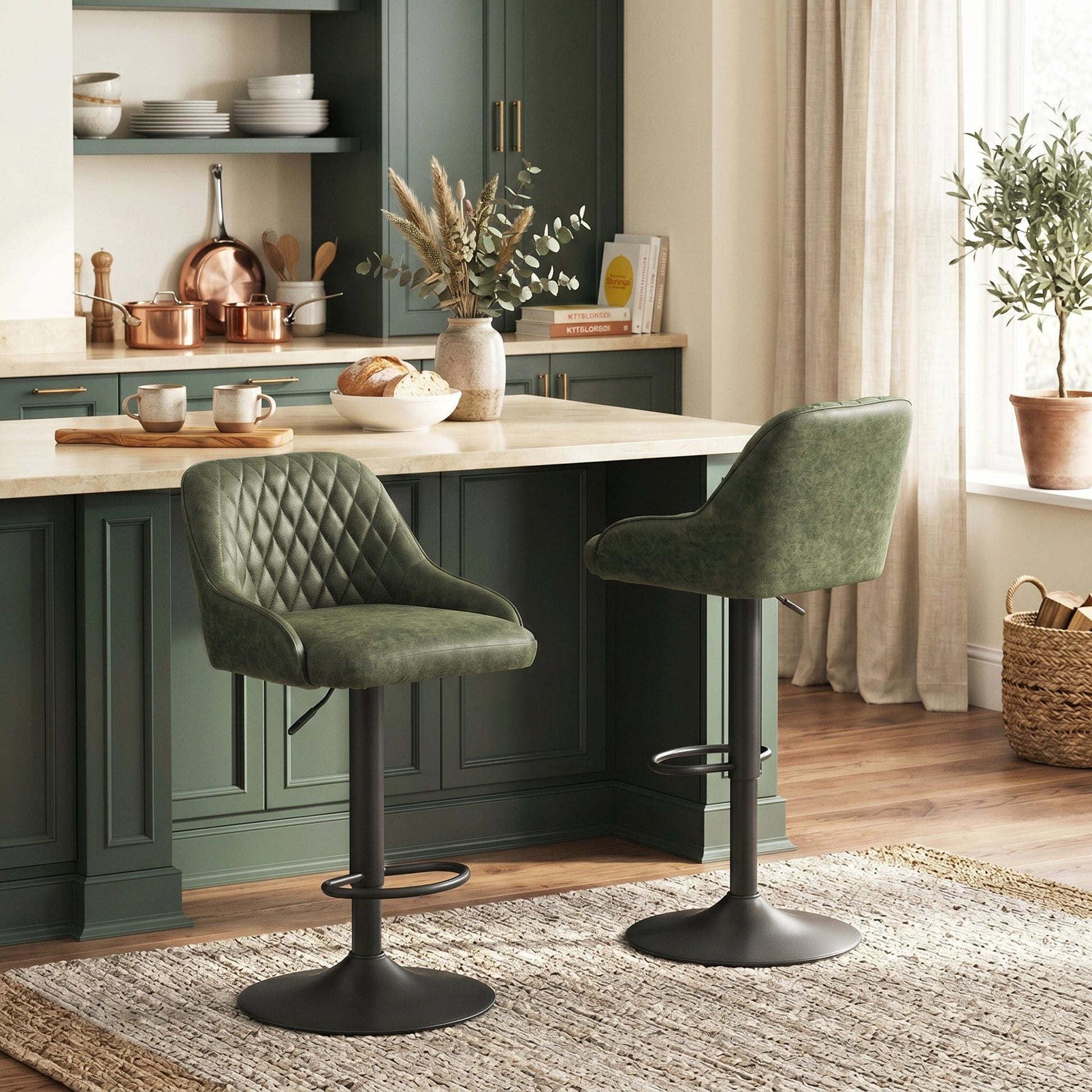 Breakfast Bar Stools Set of 2 with Wide Padded Seat, PU Leather Adjustable Swivel Bar Chairs, Modern Barstools with Footrest for Kitchen Island Counter, Home Bar, Dark Green