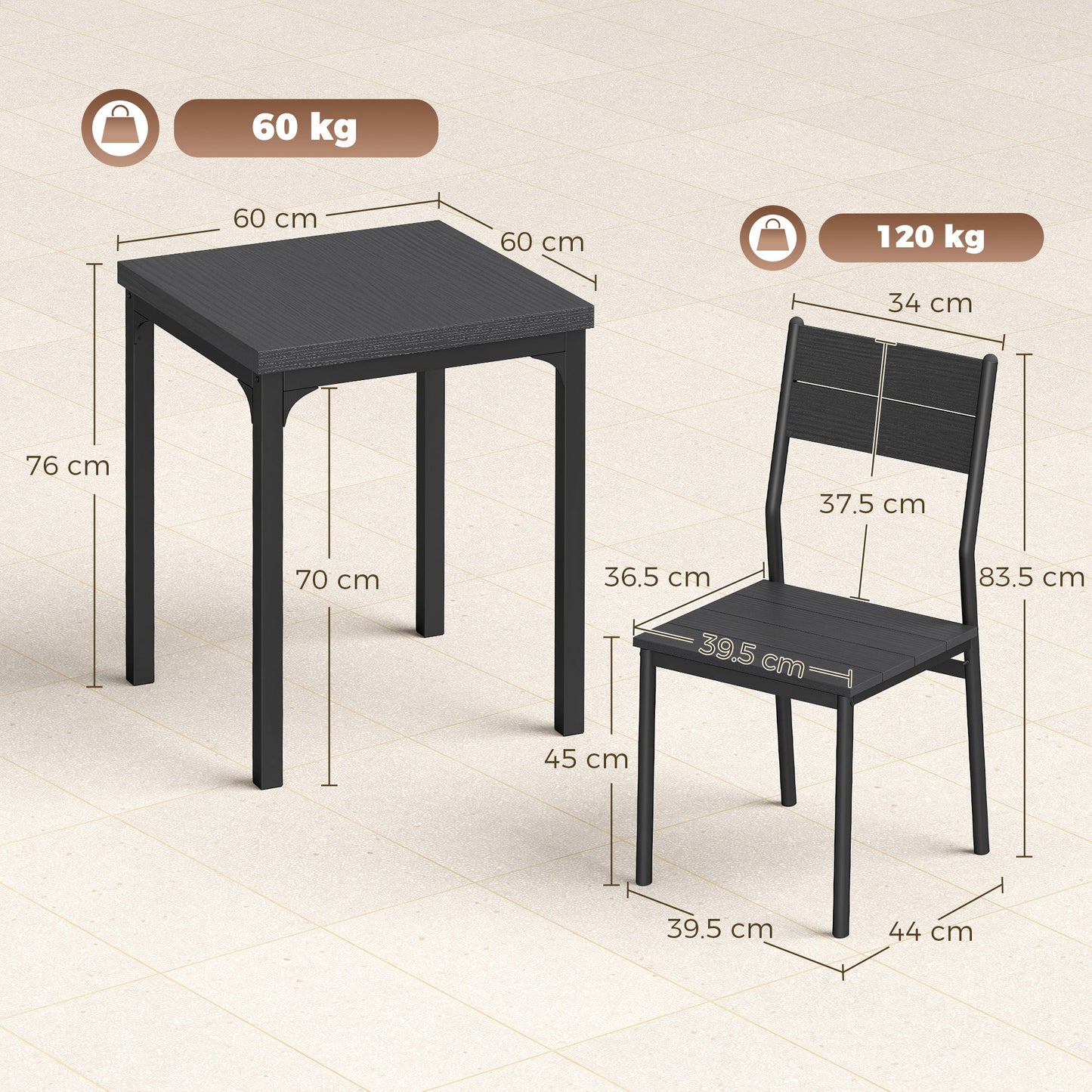 3 Pieces Modern Dining Table Set, Kitchen Table and Chairs for 2, Space Saving Design, Breakfast Nook Table Set with Steel Legs for Kitchen, Small Space, Black Wood Effect