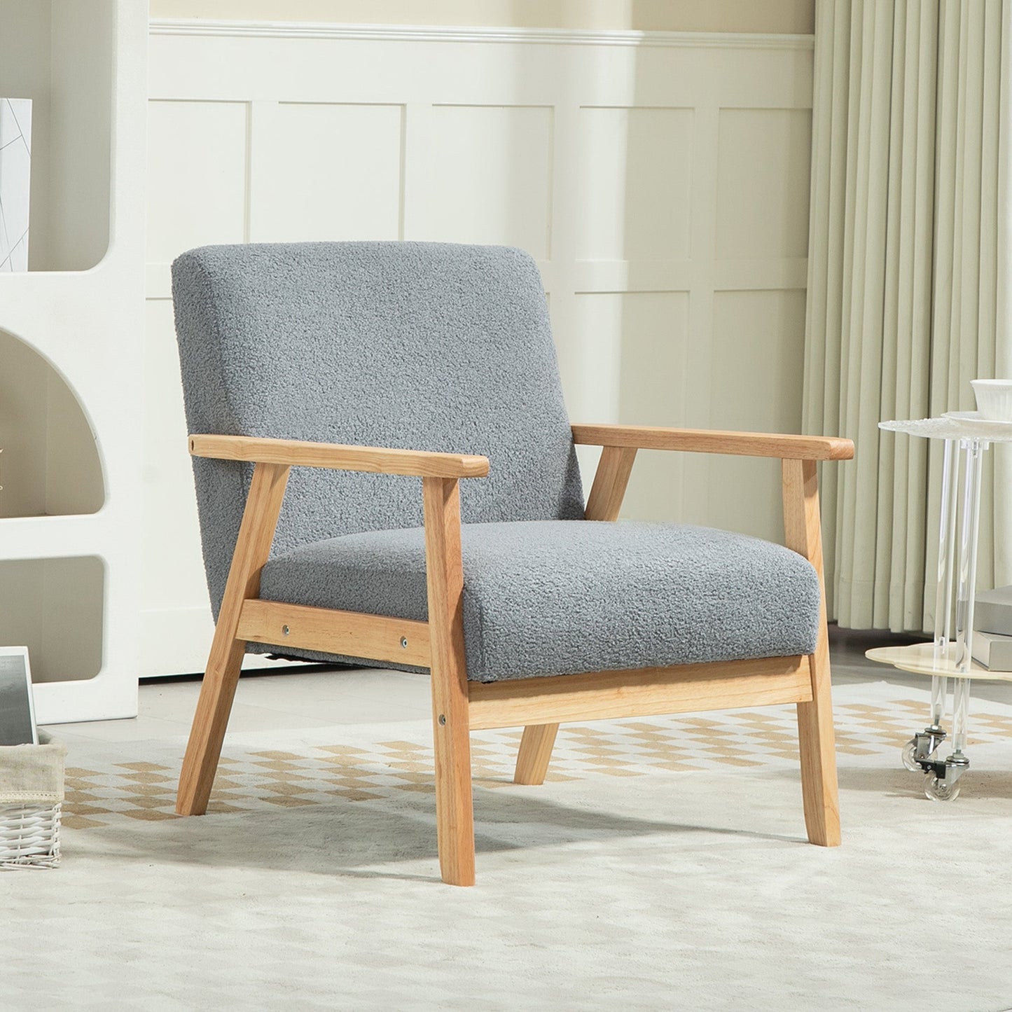 HOMCOM Accent Chair Wood Frame with Thick Cashmere Cushions Wide Seat Armchair Home Furniture Bedroom Office Grey