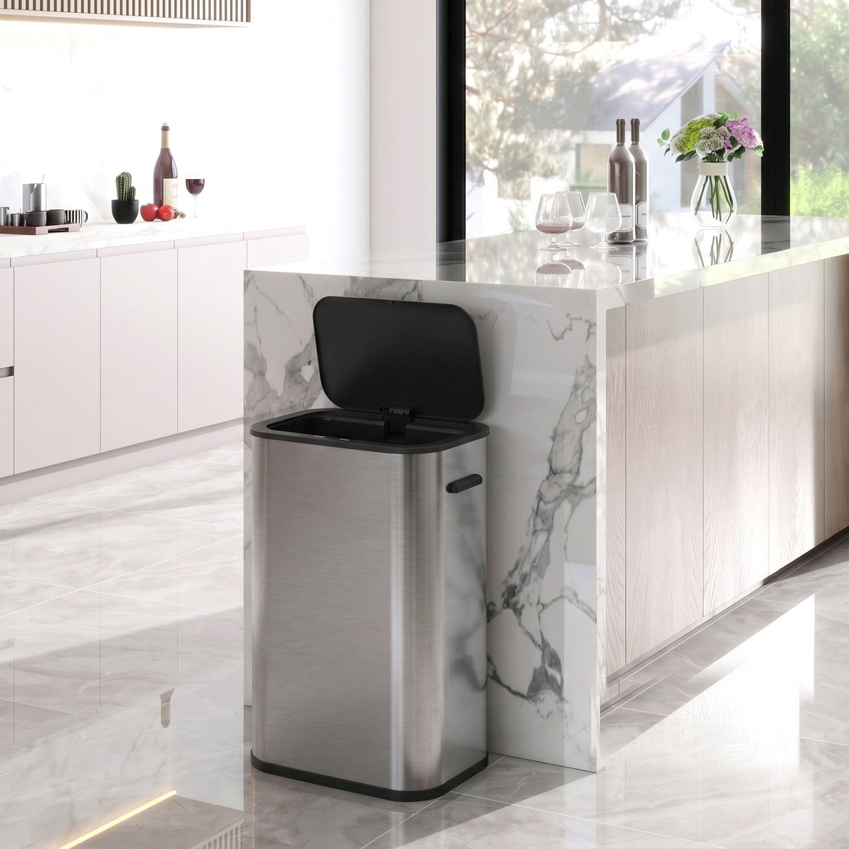 55L Sensor Bin for Kitchen, Touchless Automatic Waste Rubbish Bin with Soft-Close Lid, Fingerprint-Resistant Stainless Steel, Retainer Ring, Battery Operated for Home Office, Study, Silver Tone