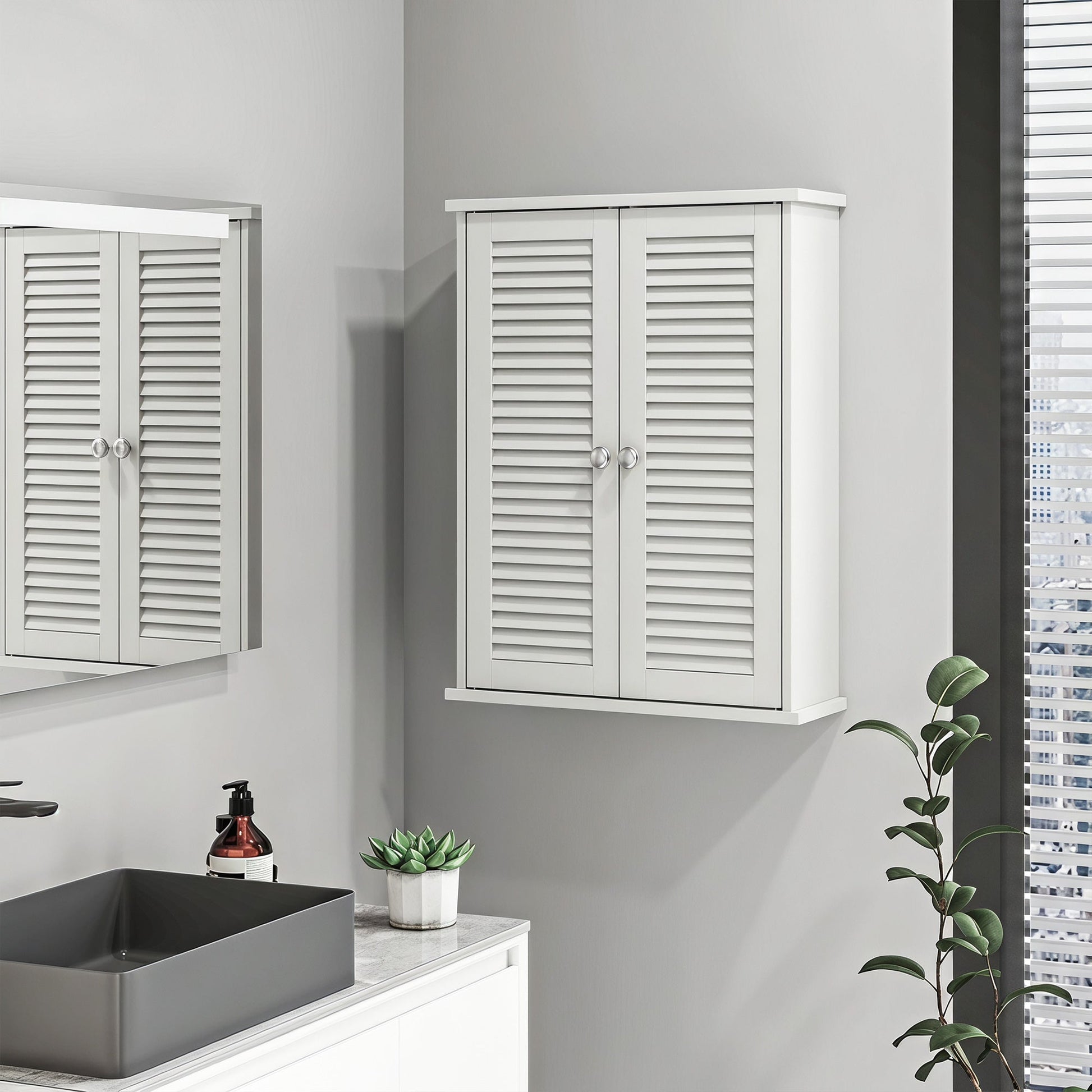 Bathroom Wall Cabinet, Wall-Mounted Over-The-Toilet Space Saver with Louvered Doors and Adjustable Shelf Storage for Kitchen, Living Room, White