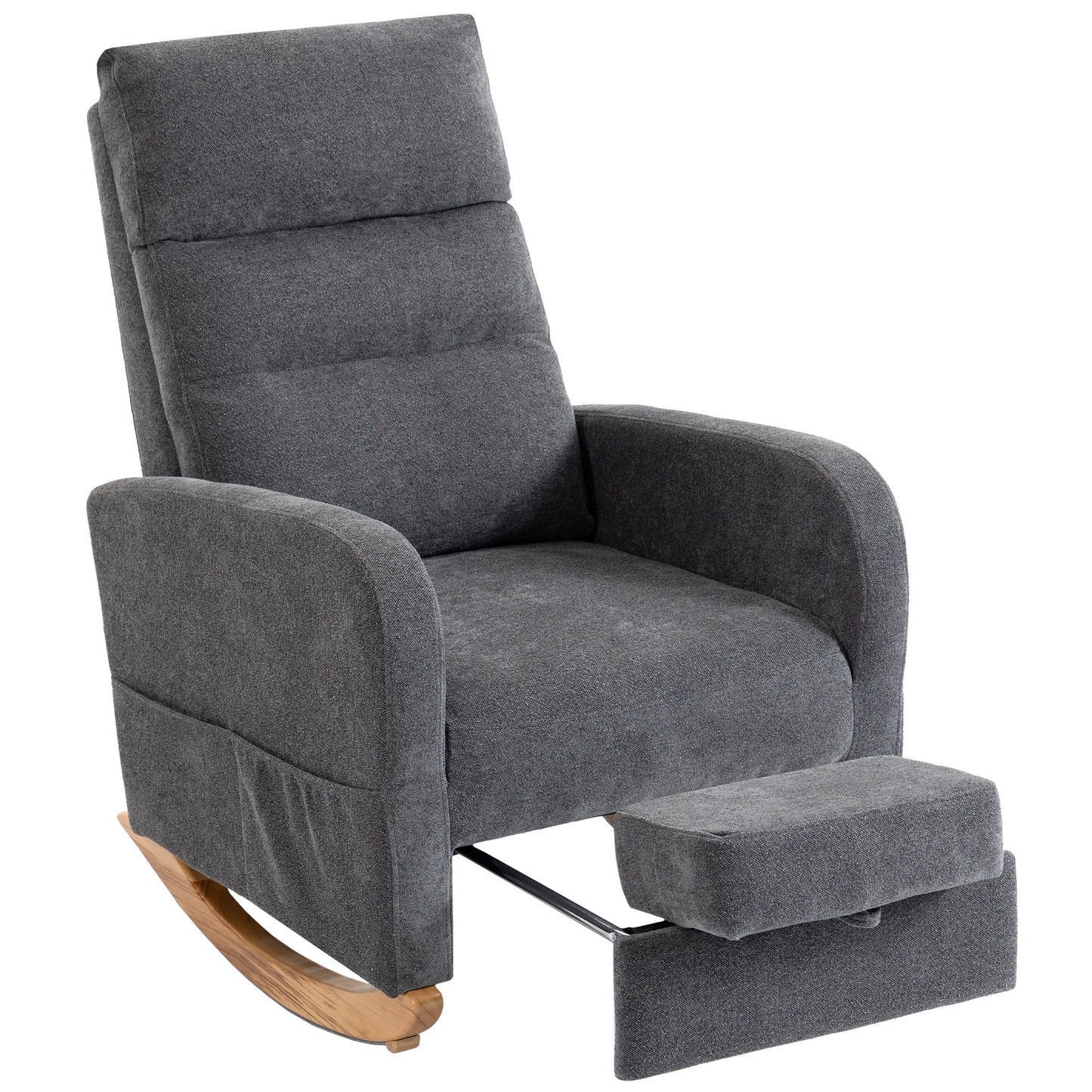 Upholstered Rocking Chair with Retractable Footrest, Modern Armchair with High Back, Plywood Frame and Rubberwood Feet for Living Room, Bedroom, Grey