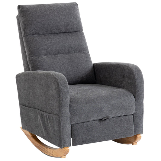 Upholstered Rocking Chair with Retractable Footrest, Modern Armchair with High Back, Plywood Frame and Rubberwood Feet for Living Room, Bedroom, Grey
