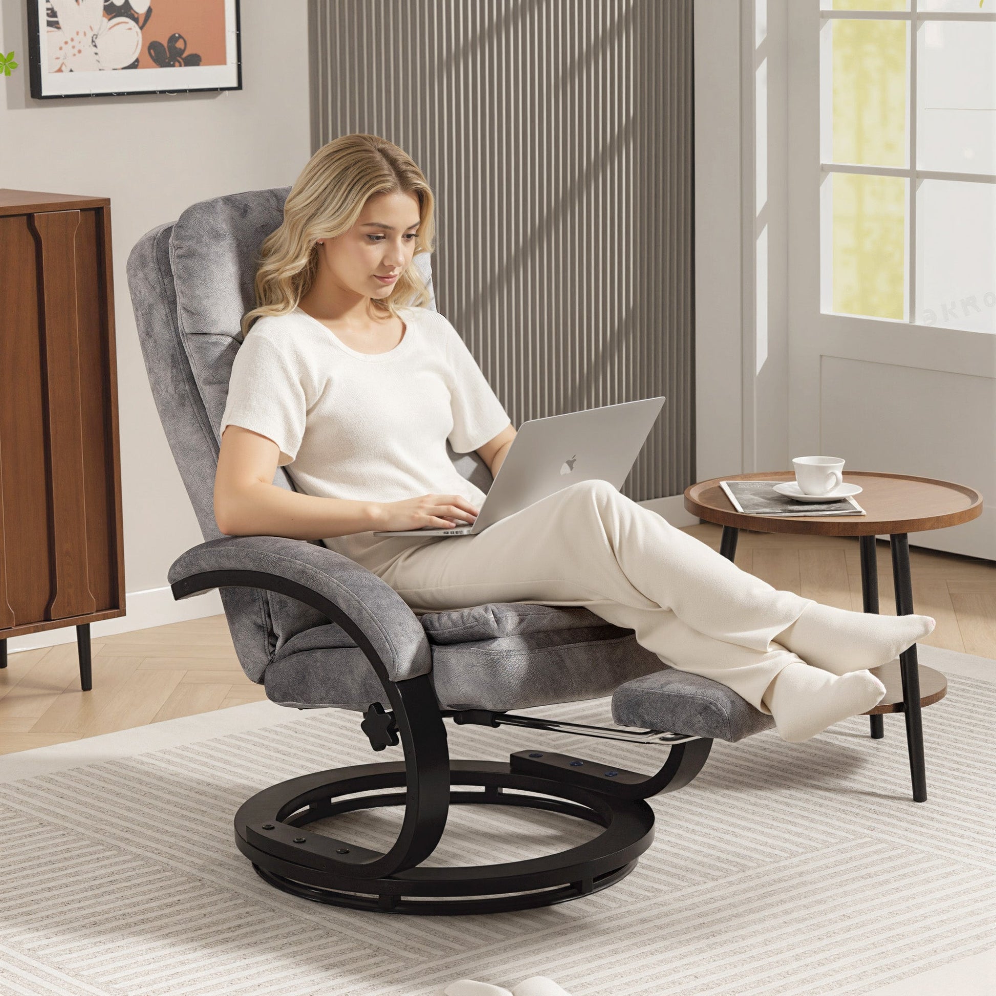 Swivel Recliner Chair with Footrest, Manual Recliner Armchair with Wooden Base, Plush Velvet Upholstered Reclining Chair for Living Room, Bedroom, Office, Grey