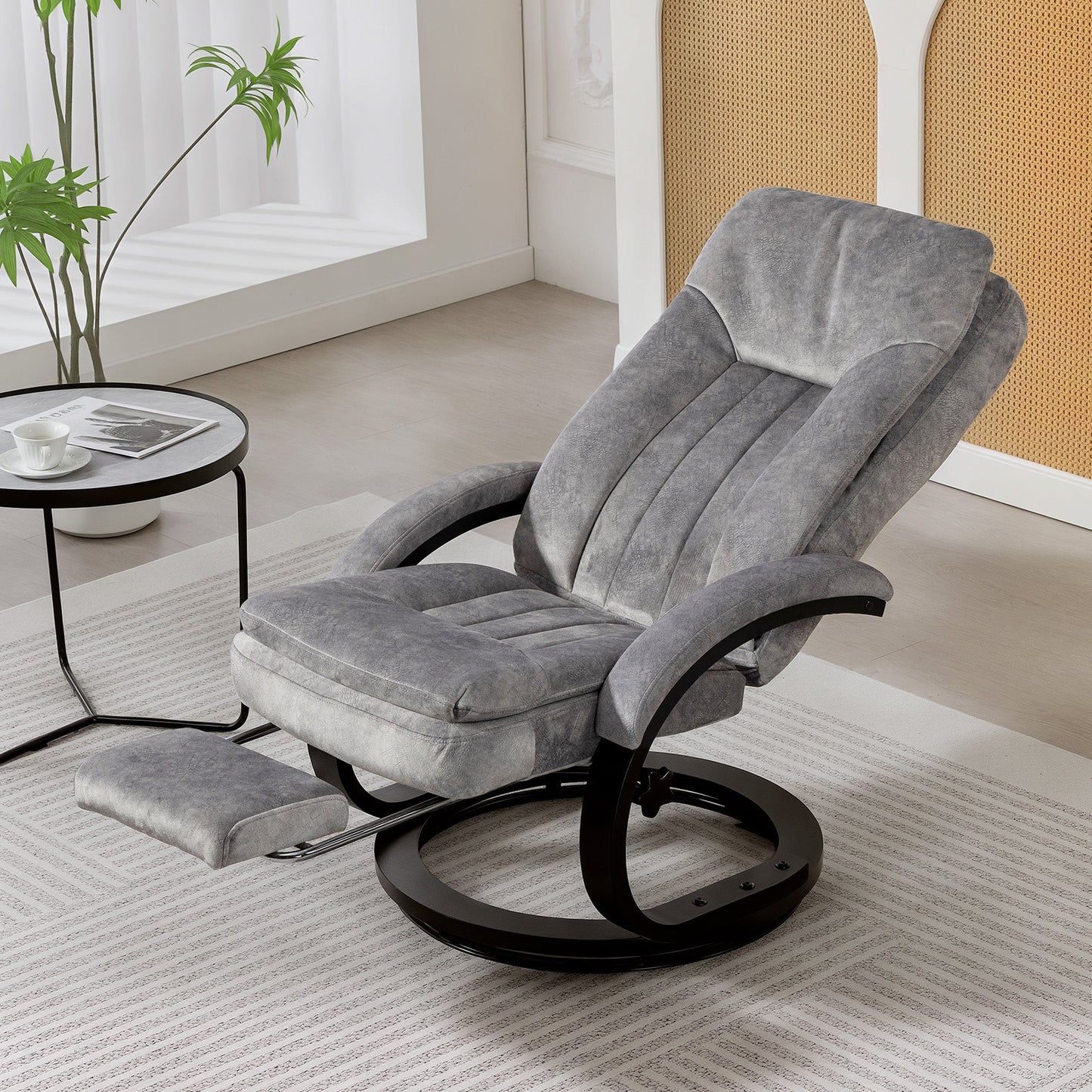 Swivel Recliner Chair with Footrest, Manual Recliner Armchair with Wooden Base, Plush Velvet Upholstered Reclining Chair for Living Room, Bedroom, Office, Grey