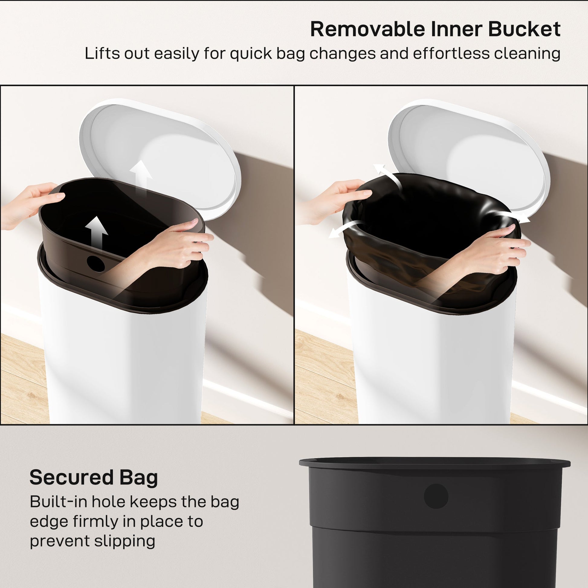 30L Kitchen Bin with 90° Stay-Open Lid, Slim Rectangular Pedal Bin with Soft-Close Lid, Removable Inner Bucket for Home Office, Fingerprint-Resistant, White