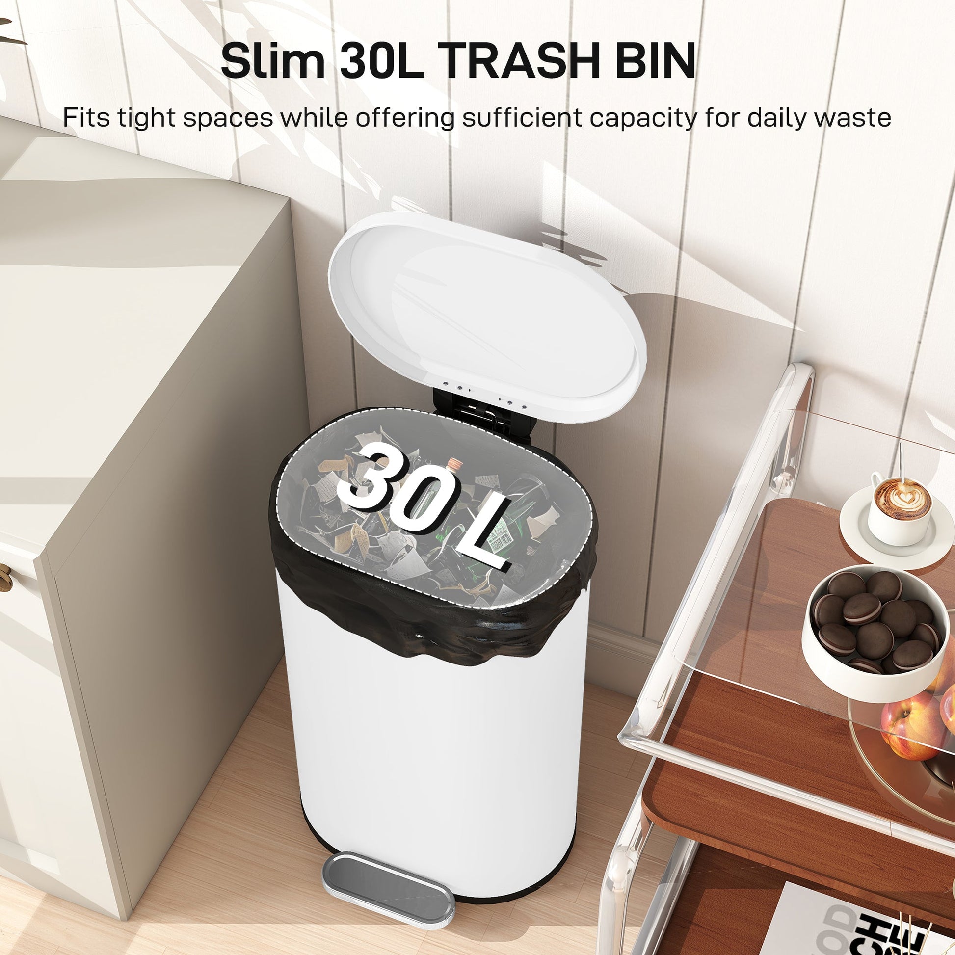 30L Kitchen Bin with 90° Stay-Open Lid, Slim Rectangular Pedal Bin with Soft-Close Lid, Removable Inner Bucket for Home Office, Fingerprint-Resistant, White