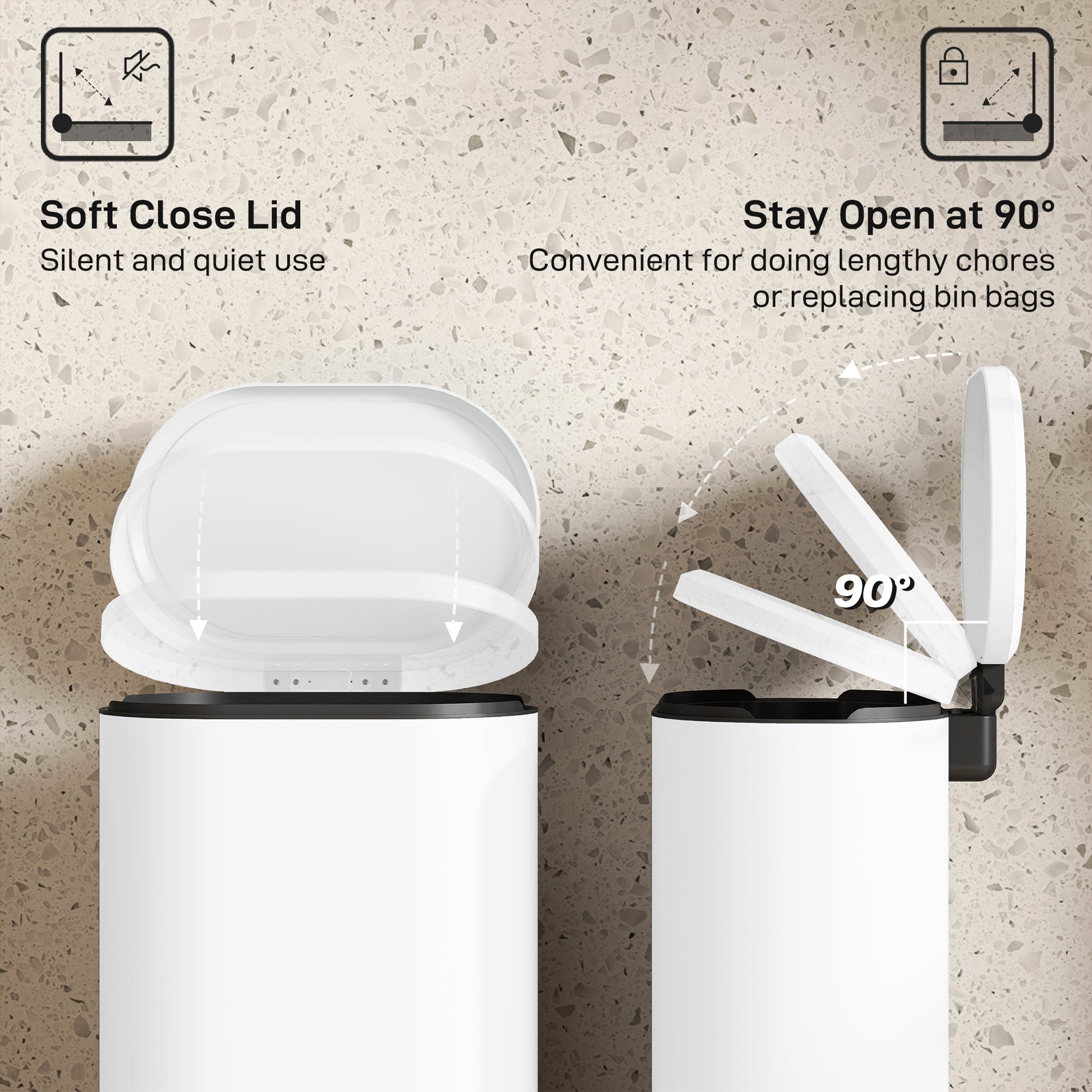 30L Kitchen Bin with 90° Stay-Open Lid, Slim Rectangular Pedal Bin with Soft-Close Lid, Removable Inner Bucket for Home Office, Fingerprint-Resistant, White