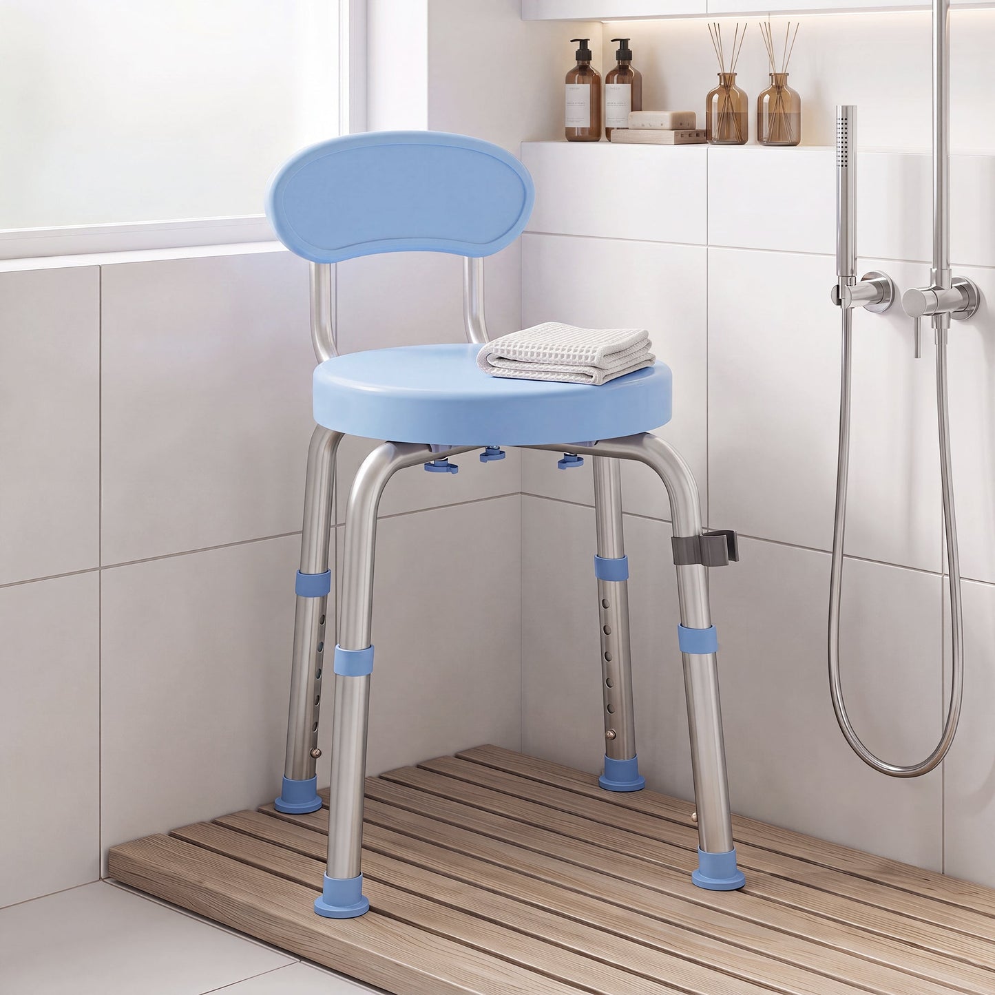 360° Swivel Shower Stool, Rotating Round Bath Seat Chair with Aluminium Frame, 5-Level Adjustable Height and Backrest, Non-Slip Shower Chair for Elderly, Disabled & Post-Surgery