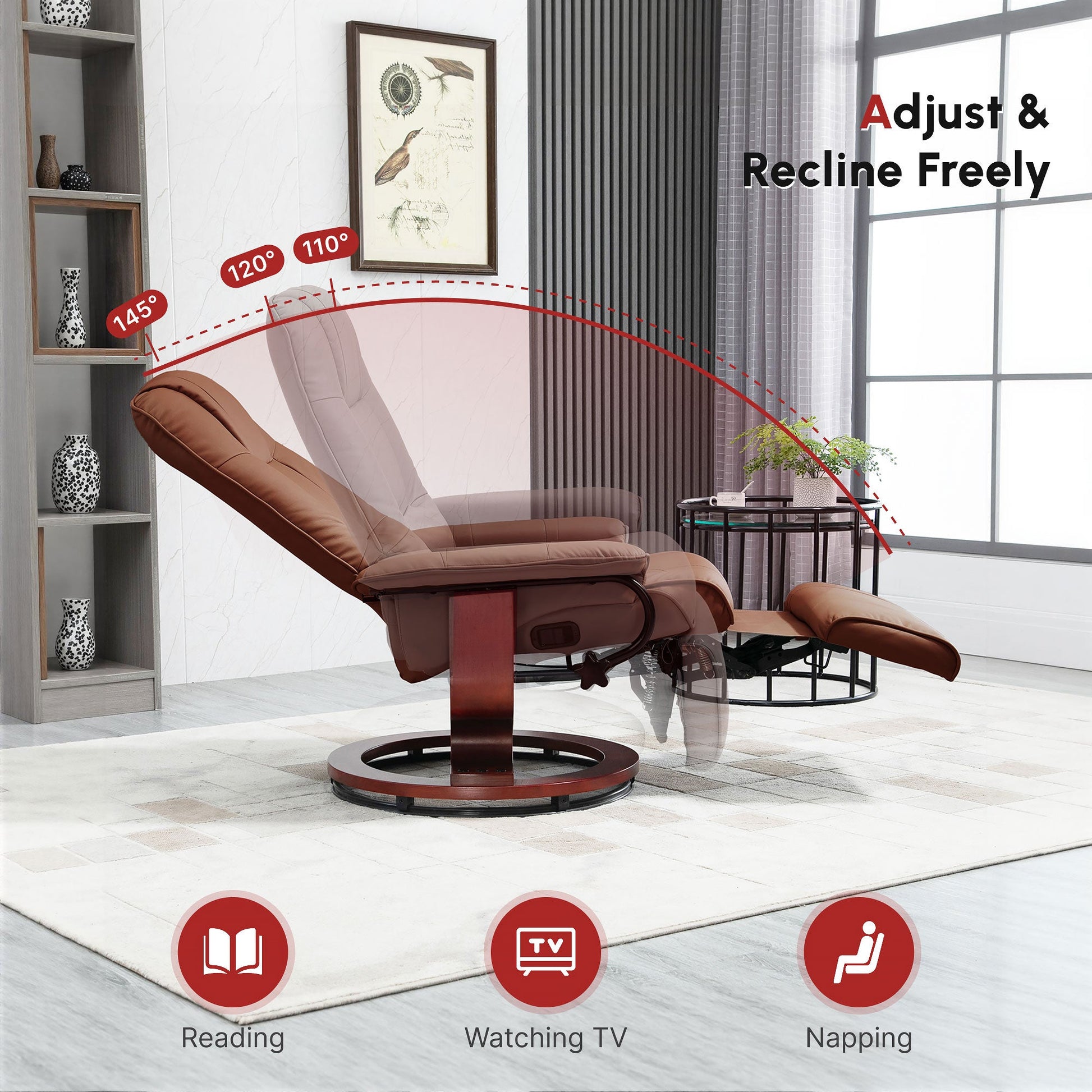 Manual Recliner Chair with Faux Leather Upholstered & Wooden Base for Living Room, Brown - HOMCOM