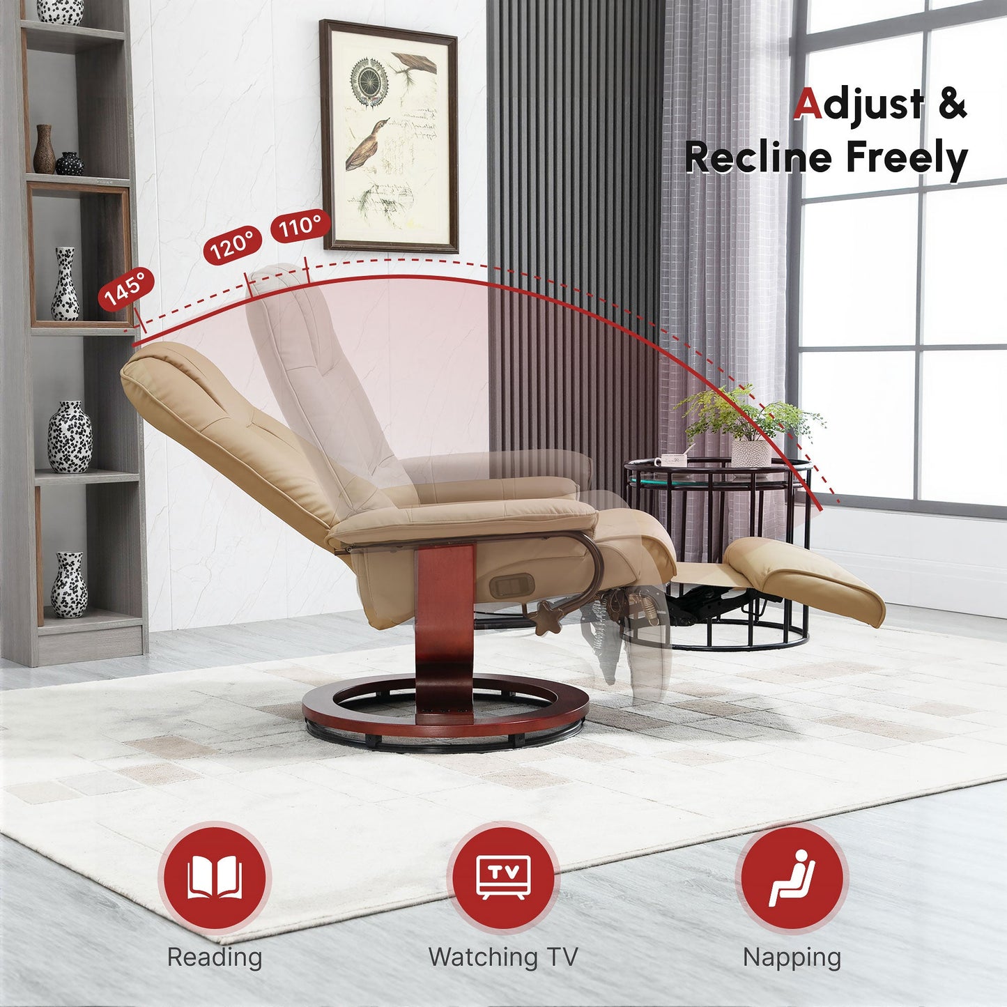 Manual Recliner Chair with Faux Leather Upholstered & Wooden Base for Living Room, Cream White - HOMCOM