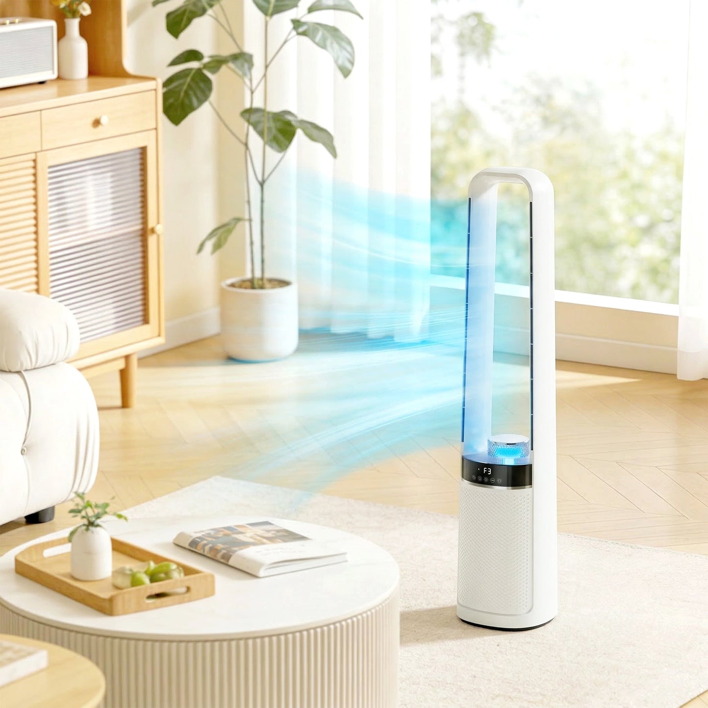 Bladeless Tower Fan for Bedroom, 36dB Standing Cooling Fan with 45° Oscillating, LED Lights, 3 Speeds, 12H Timer, Remote Control, 37 inch, White