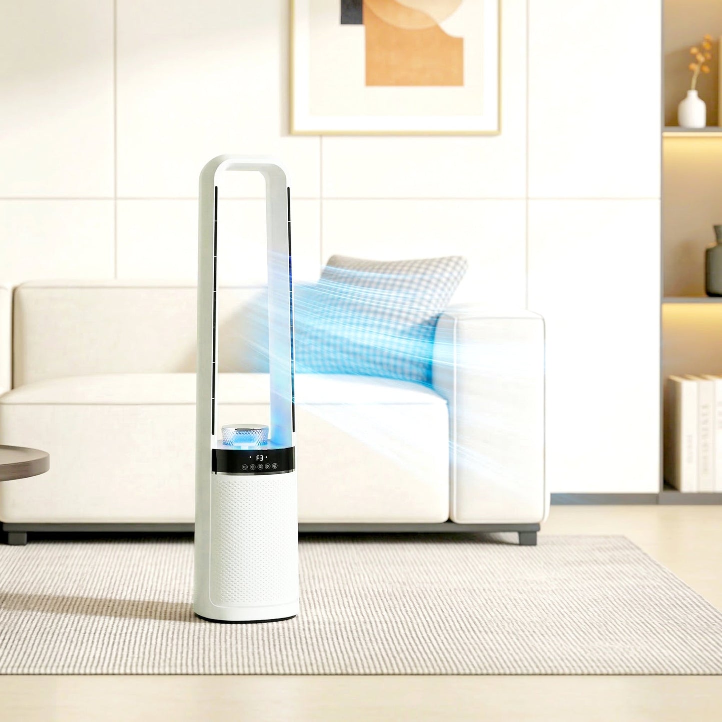 Bladeless Tower Fan for Bedroom, 36dB Standing Cooling Fan with 45° Oscillating, LED Lights, 3 Speeds, 12H Timer, Remote Control, 37 inch, White