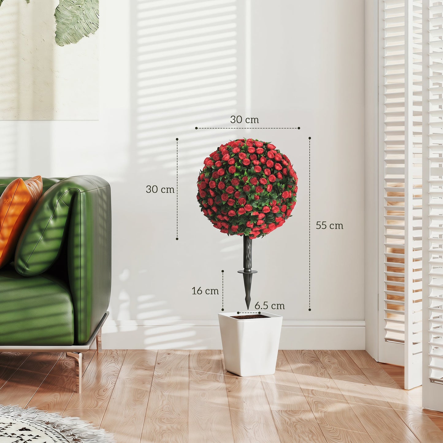 Set of 2 55 cm Artificial Rose Topiary with Ground Stake, UV-Resistant Fake Plants with 306 Roses and Leaves for Indoor Outdoor Home Office Garden Decor, Red